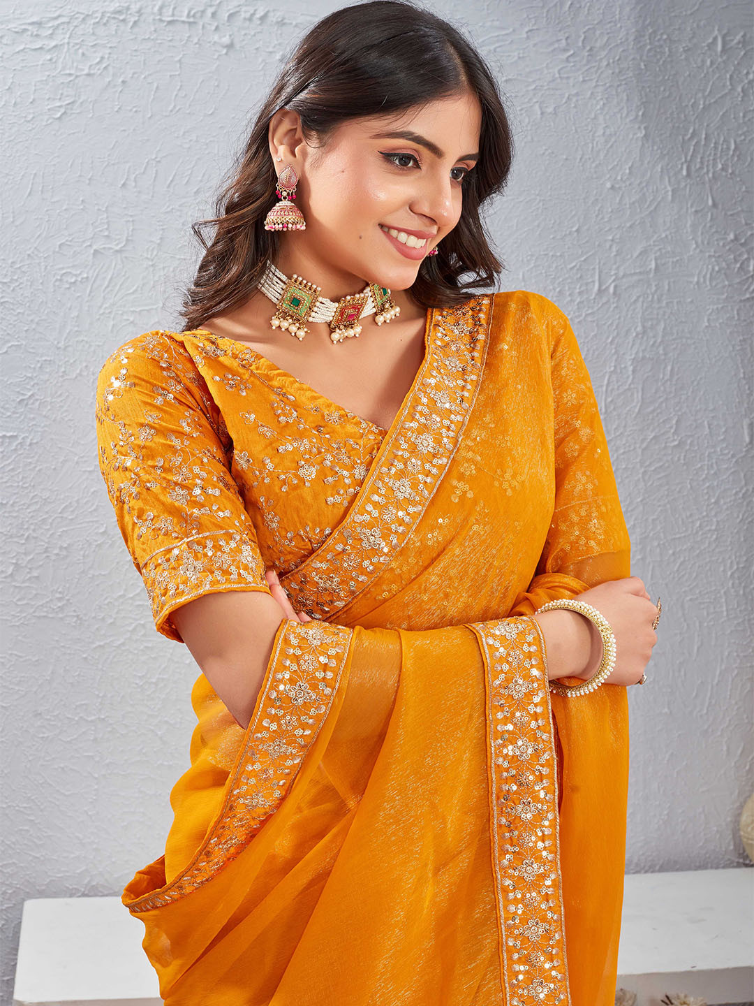 Tankori Sequinned Saree with Embroidered Border