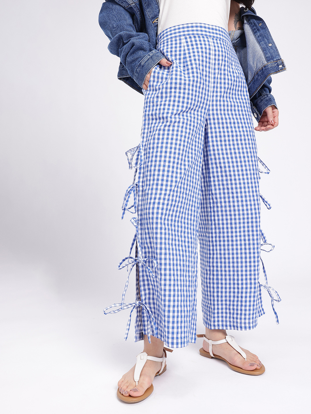 fusion by glitchez Women Checked Straight Fit Trousers With Side Tie Ups