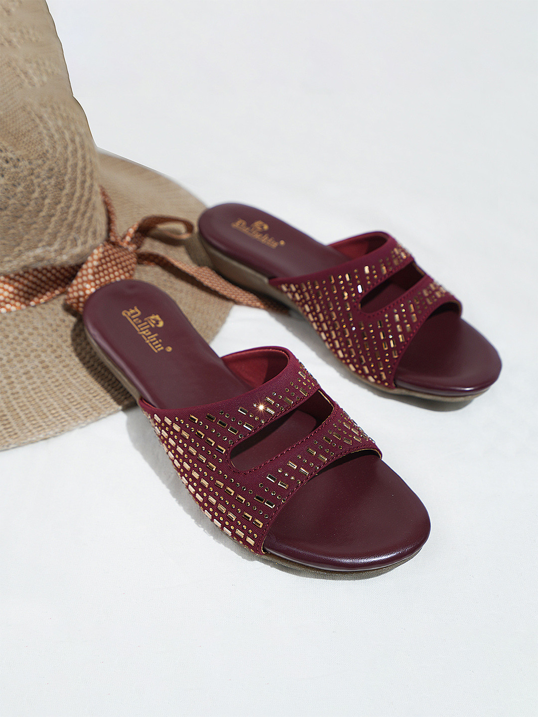 Dollphin Maroon Embellished Leather Wedge Heels