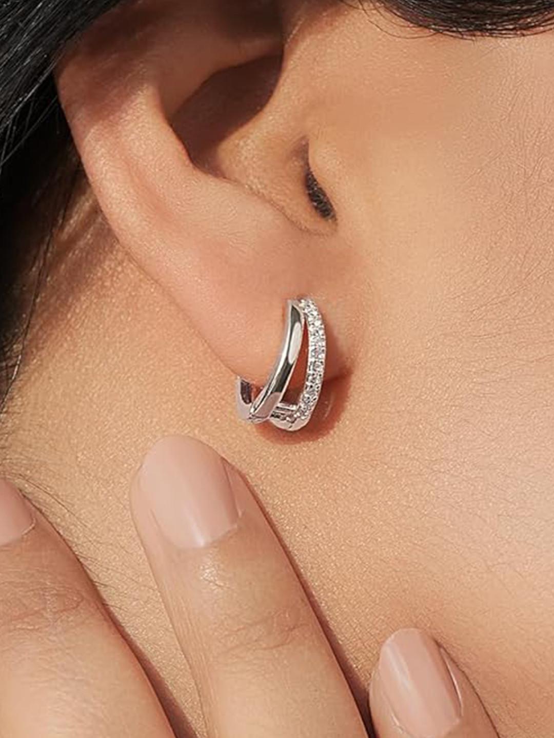 Amalfa Silver-Plated Stainless Steel Circular Zircon Studded Anti-Tarnish Hoop Earrings