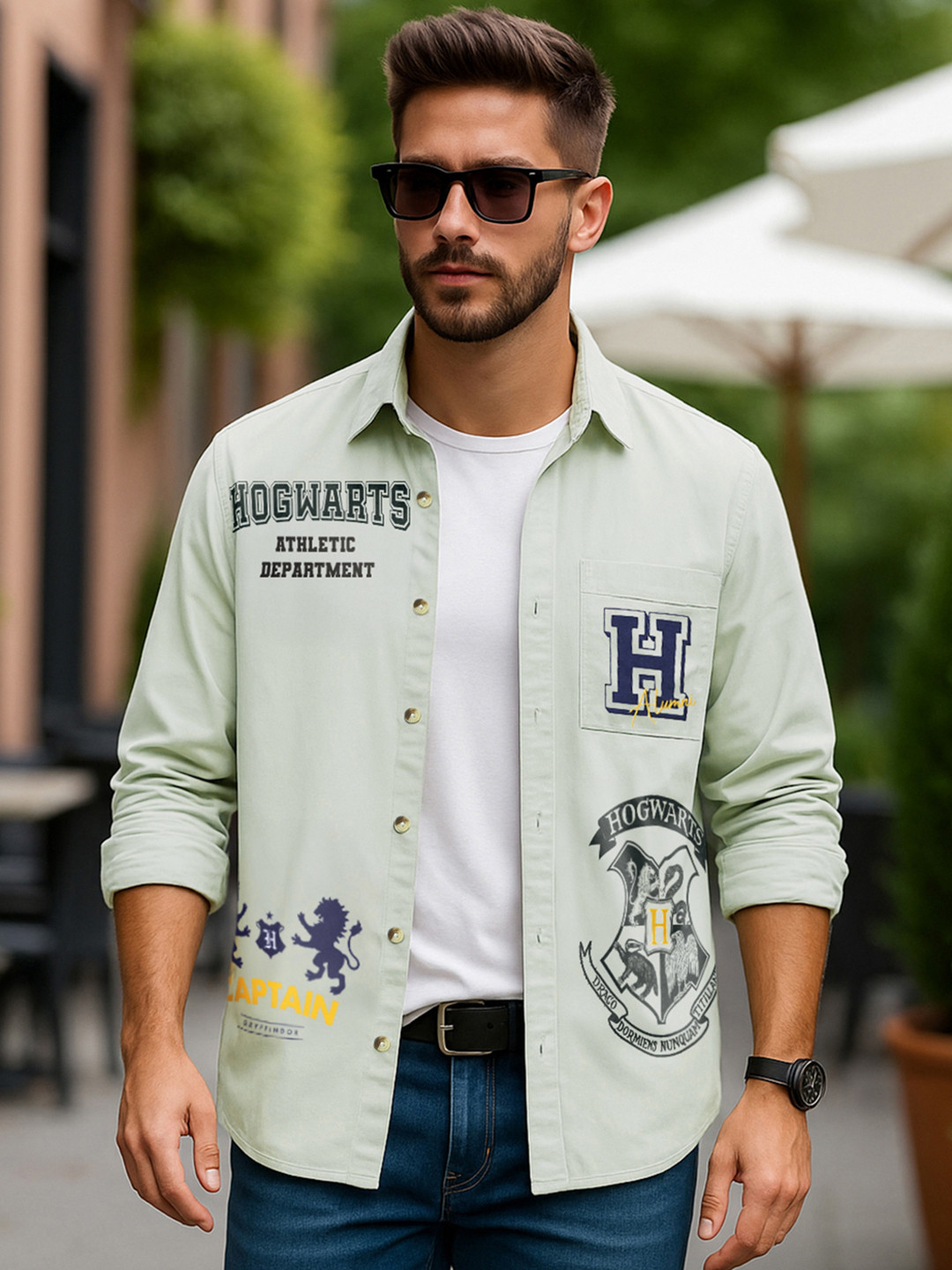 Bewakoof Official Harry Potter Merchandise Men Light Green Hogwarts Graphic Printed Shirt