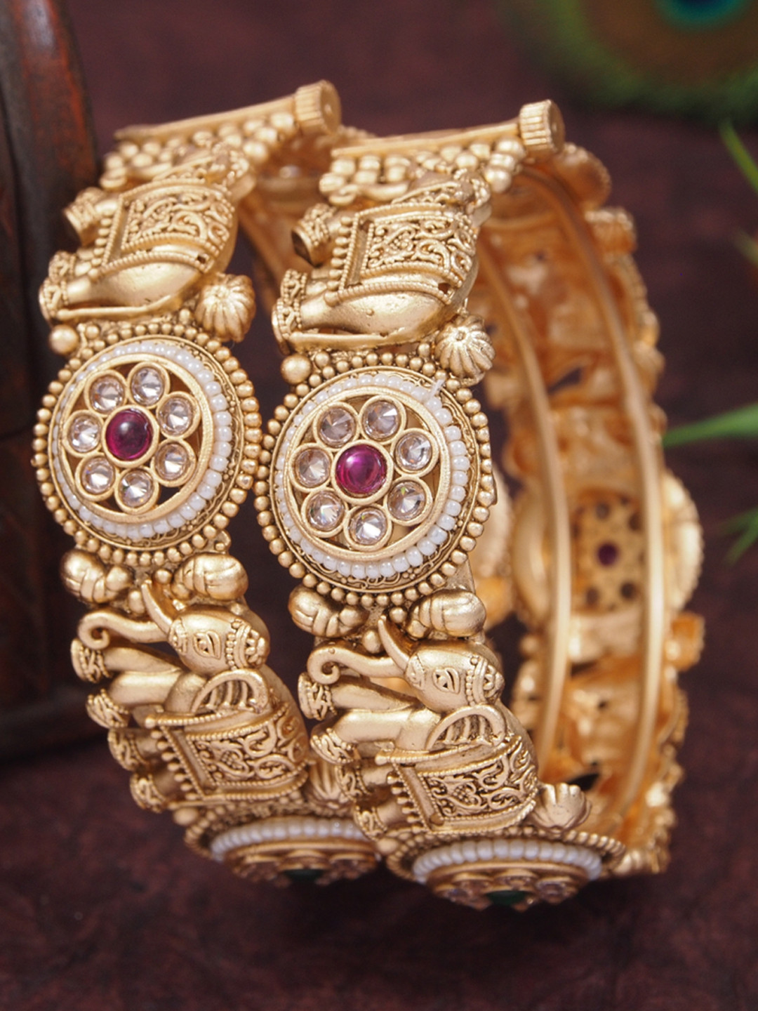 SGA FASHION Set Of 2 Gold-Plated American Diamond-Studded & Pearl-Beaded Openable Bangles
