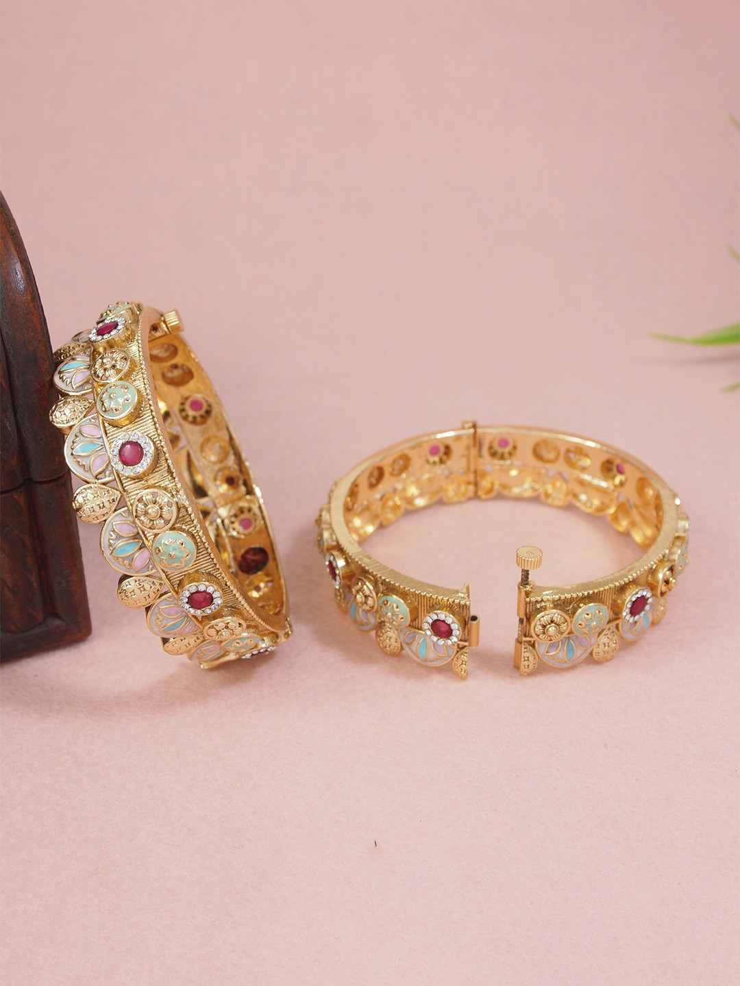 SGA FASHION Set Of 2 Gold-Plated American Diamond-Studded Meenakari Openable Bangles