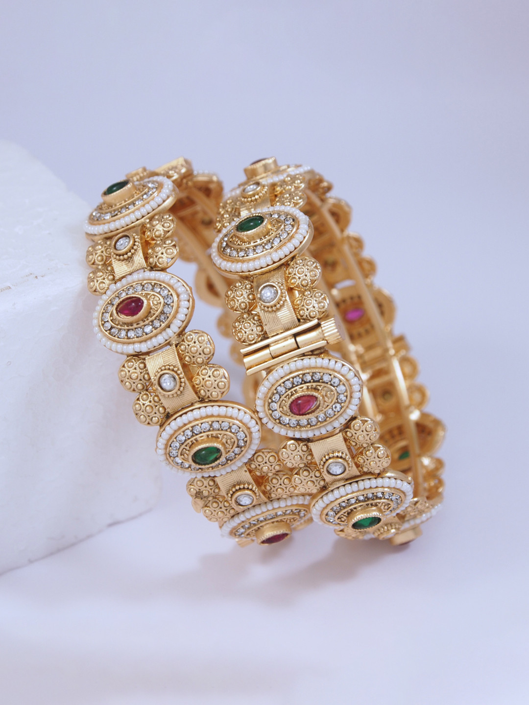 SGA FASHION Set Of 2 Gold-Plated American Diamond-Studded Meenakri Openable Bangles
