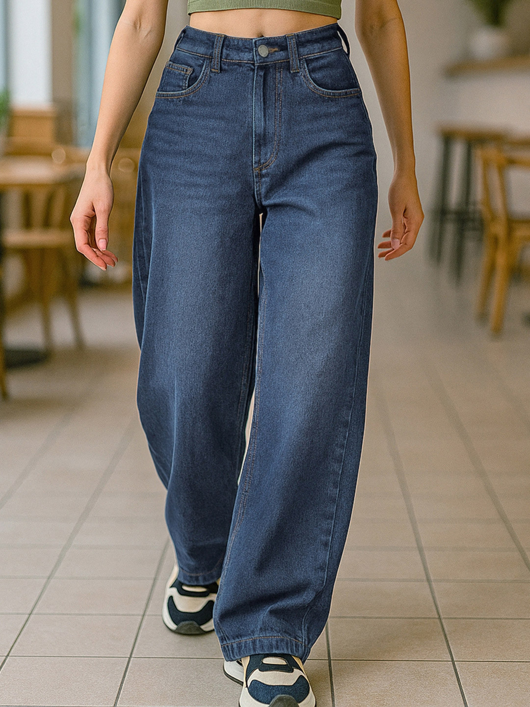 Bewakoof Women Blue Washed Baggy Straight Fit Jeans