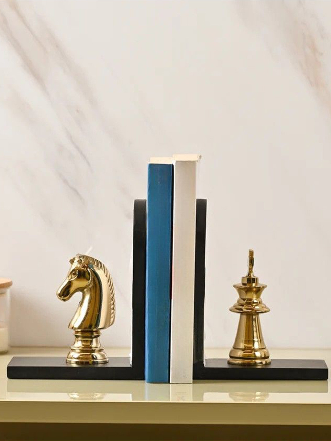 SITARRA LIVING Gold-Toned & Black 2 Pieces Knights Bookends Showpieces