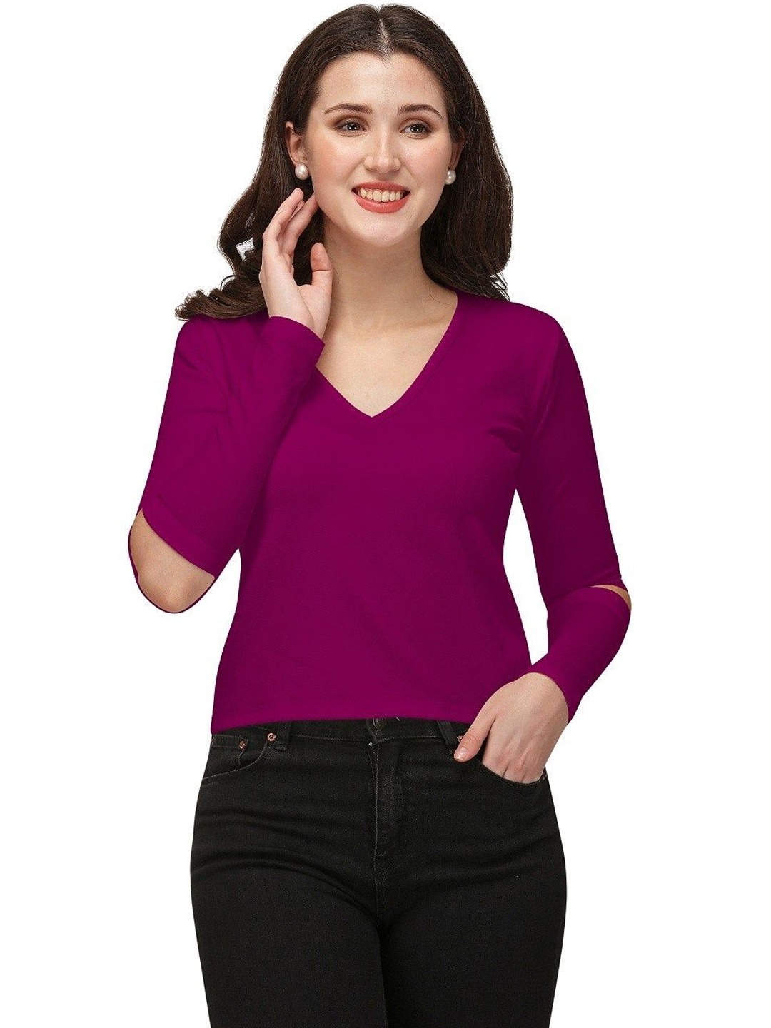 GADHESARIYA Maroon Fabric Stylish V Neck Full Sleeve Regular Women Top