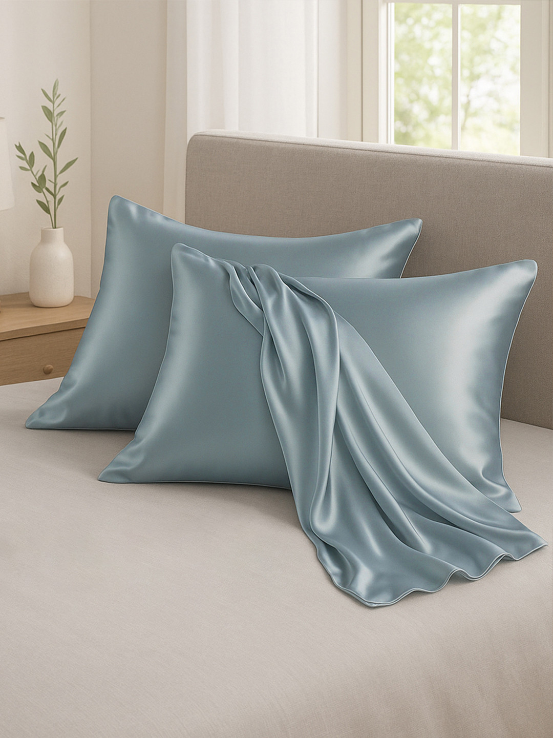 RUBOXA Grey 2 Pieces Rectangle Pillow Covers With 3 Scrunchies