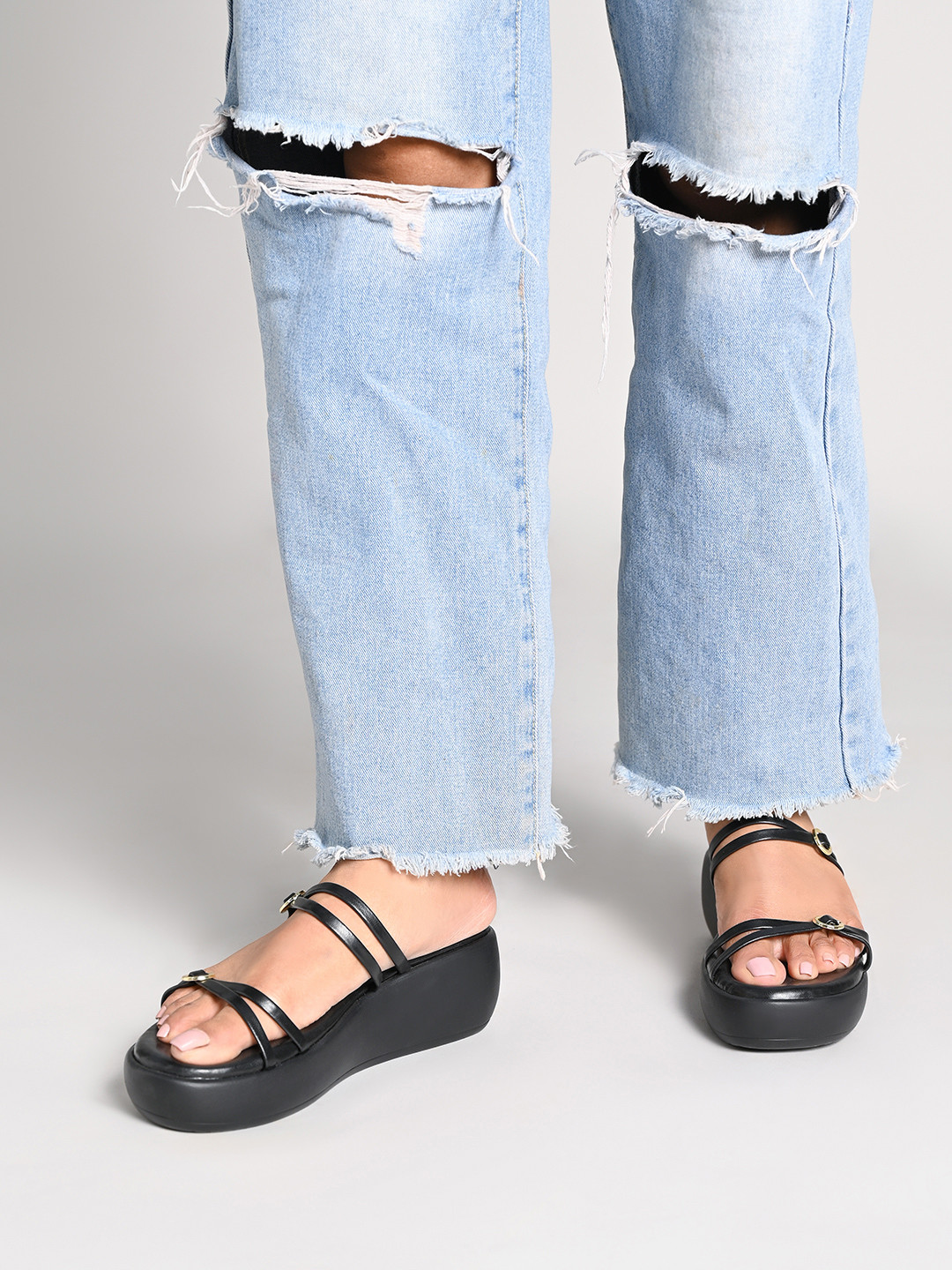 CAI Women Double Cross Strap Black Platform Heel with Buckles