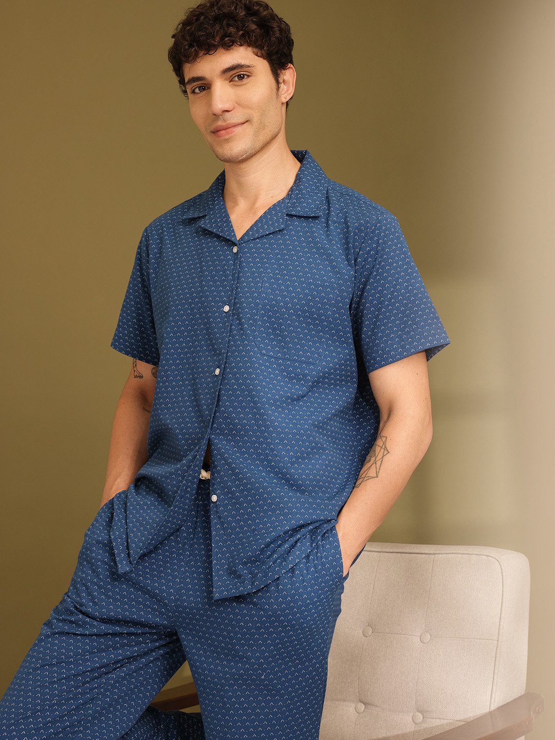 ETC Pure Cotton Geometric Printed Lapel Collar Shirt with Pyjamas MY-SO67-NAVY BLUE AOP