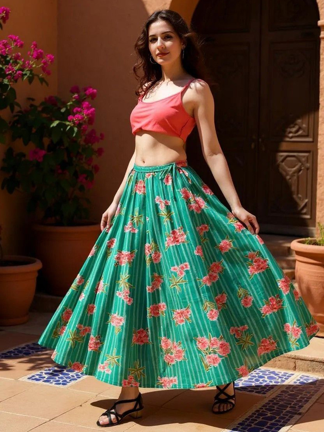 Hive91Floral Printed Pure Cotton Flared Maxi Skirt