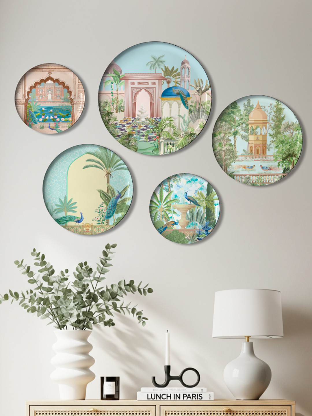 DESSINE ART Ethereal India Metal Crafted Ceramics Glossy Hall 5Pcs Wall Plates-11.8In