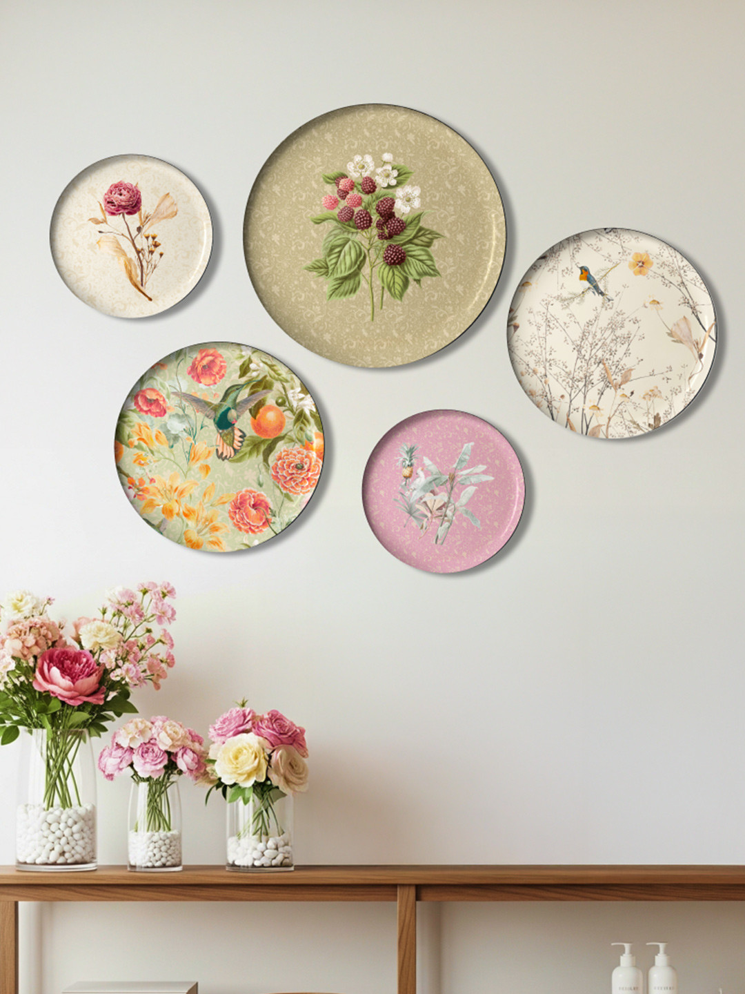 DESSINE ART Botanic Bliss Metal Floral Glossy Hanging Hall 5Pcs Wall Plates-11.8In