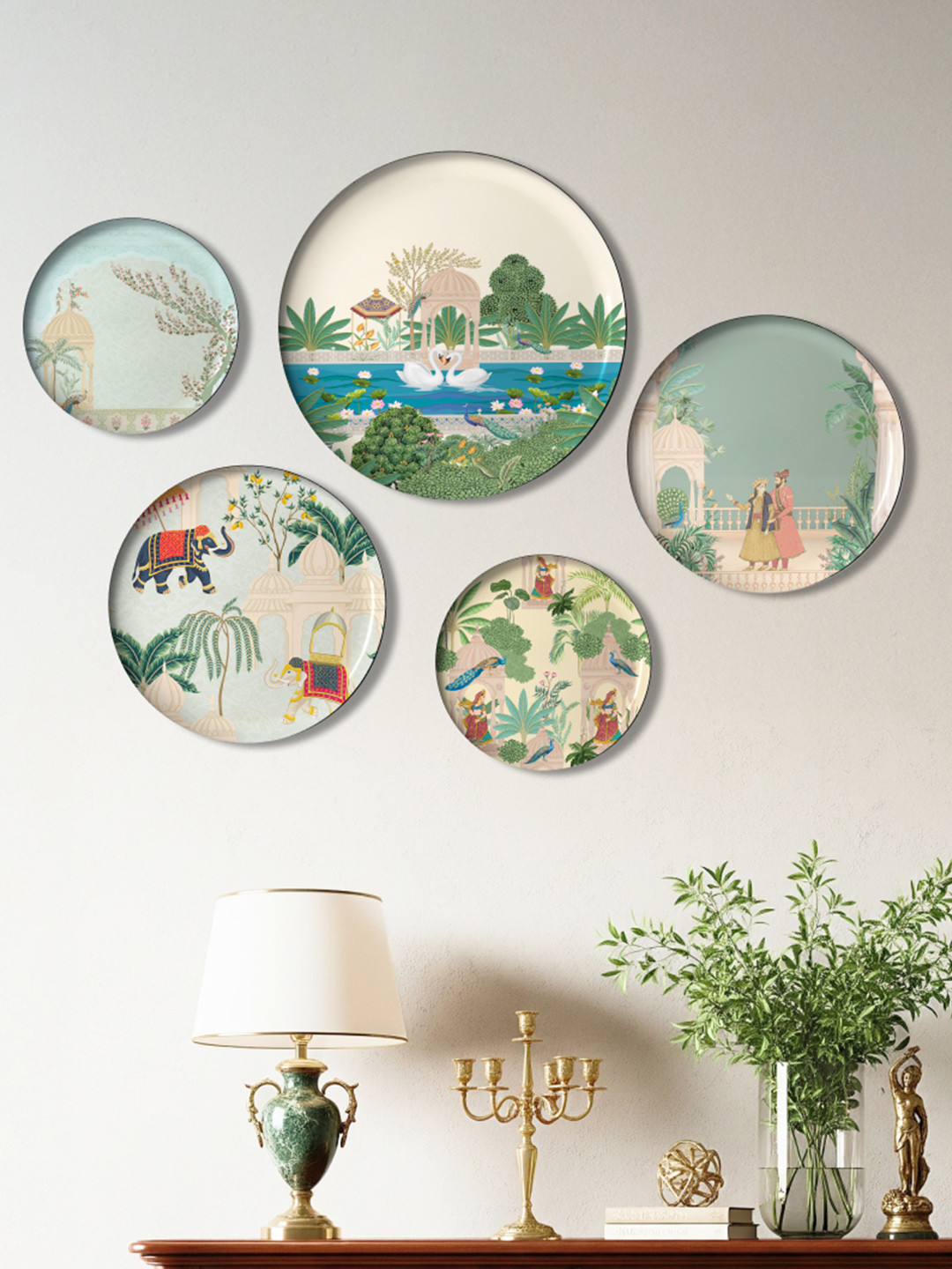DESSINE ART Tales Wall Plates Metal Ethnic Motifs Glossy Hanging Hall 5Pcs -11.8In