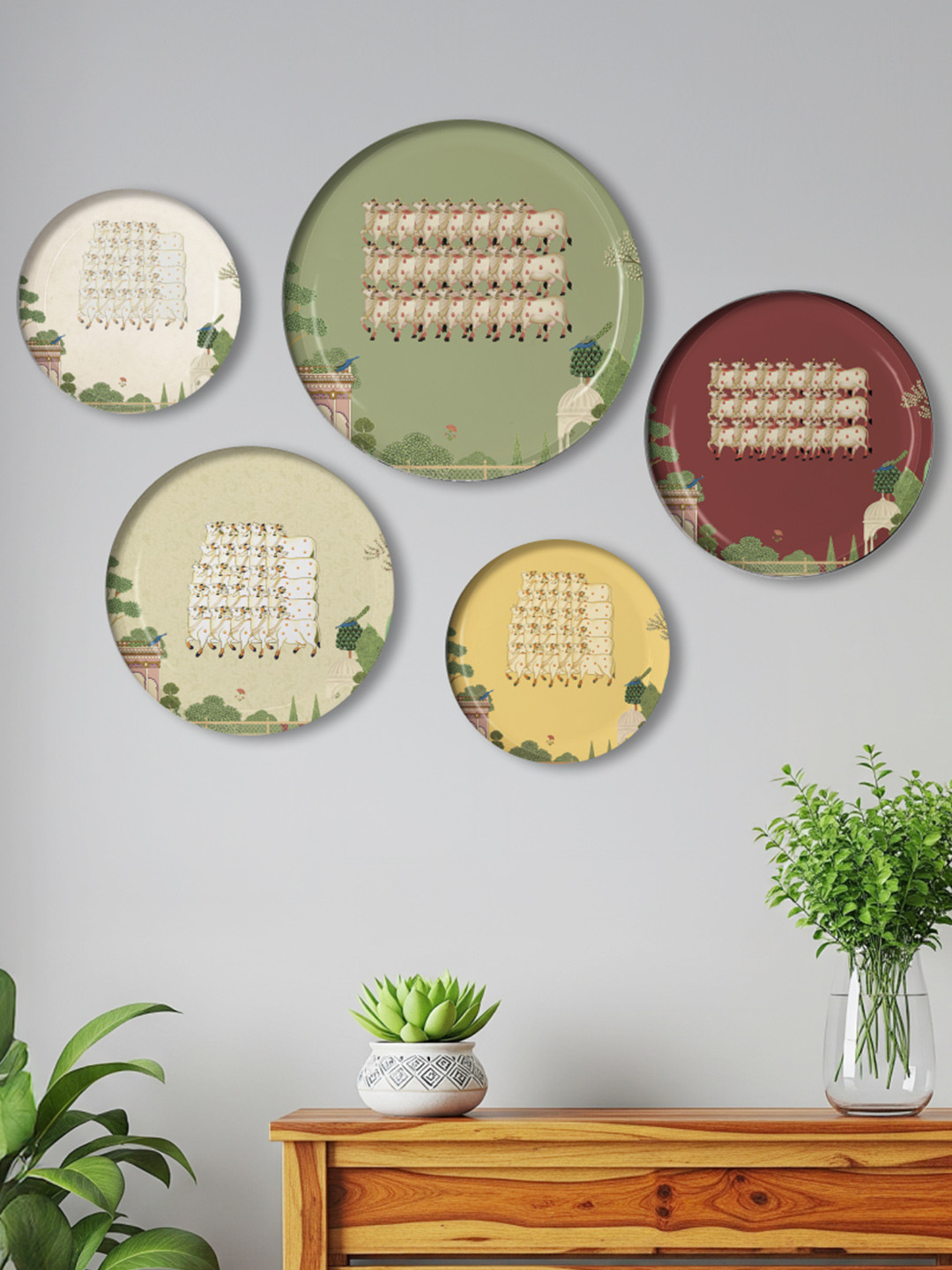 DESSINE ART Pichwai Nandi Cow Metal Crafted Ceramics Glossy Hall 5Pcs Wall Plates-11.8In