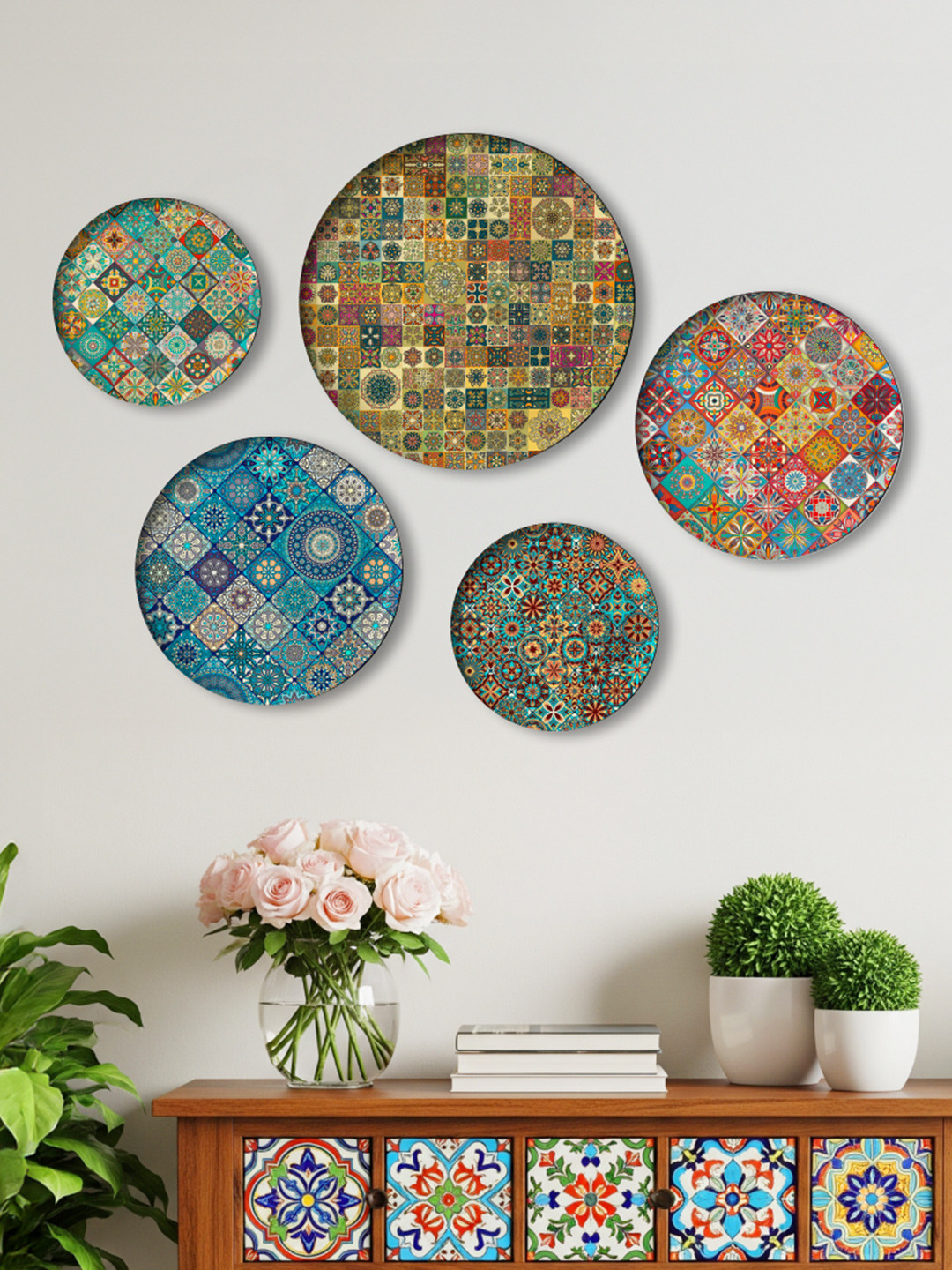DESSINE ART Mystic Turkish Metal Ethnic Motifs Glossy Hanging Hall 5Pcs Wall Plates-11.8In