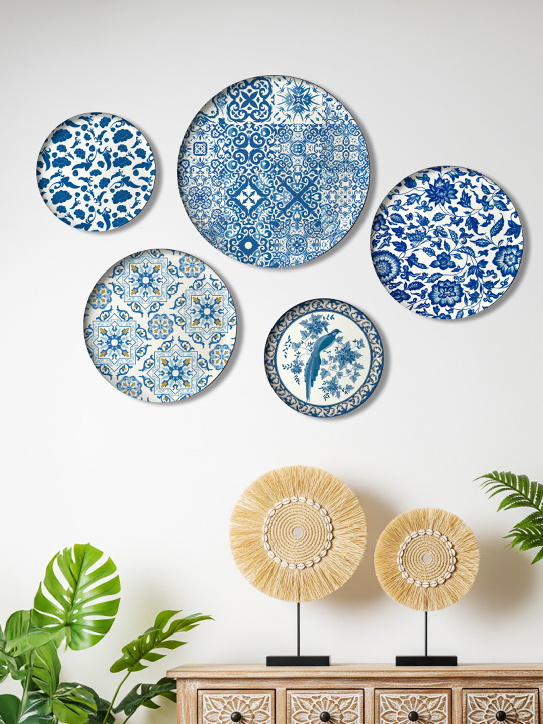 DESSINE ART Sapphire Moroccan Metal Crafted Ceramics Glossy Hall 5Pcs Wall Plates-11.8In