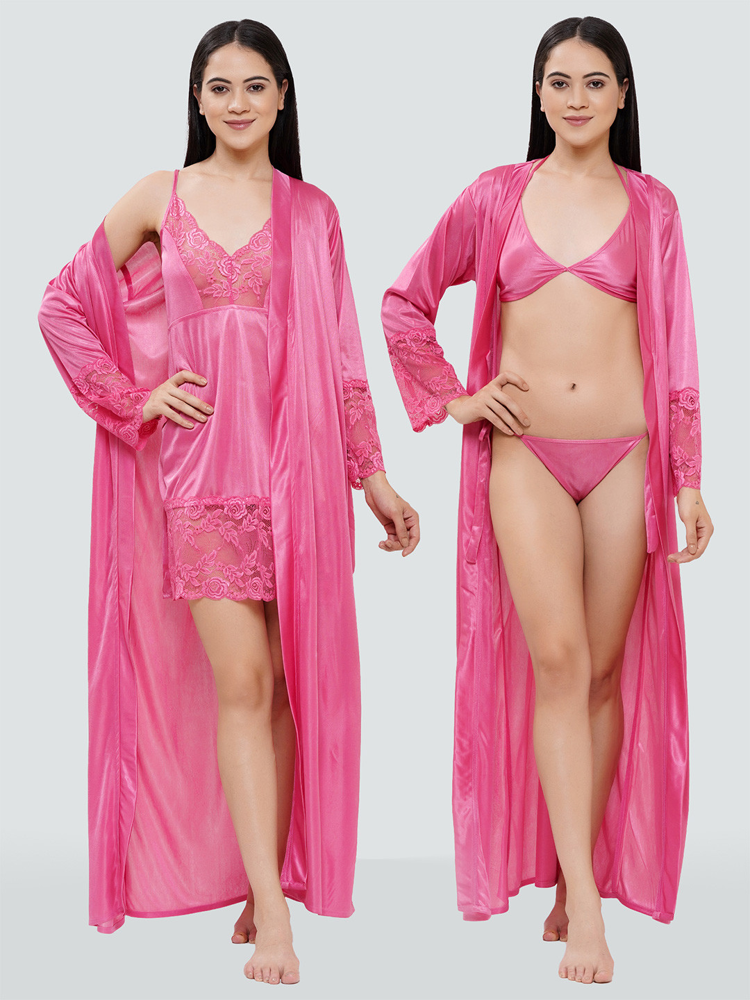 Romaisa Floral Lace Satin Sweat Nightdress with Lingerie Set