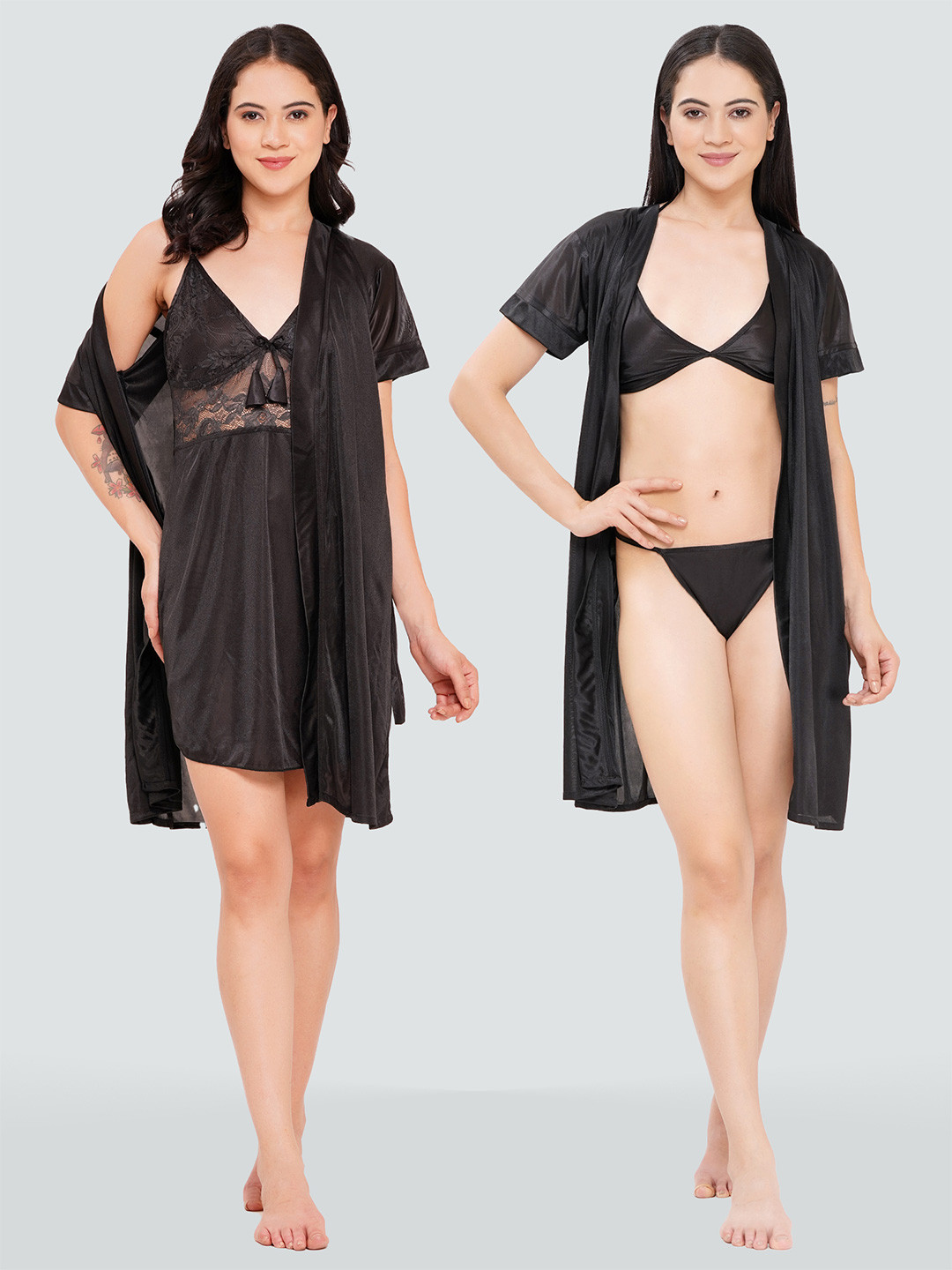 Romaisa Satin Shoulder Straps Sweat Nightdress with Robe and Bra with Thong