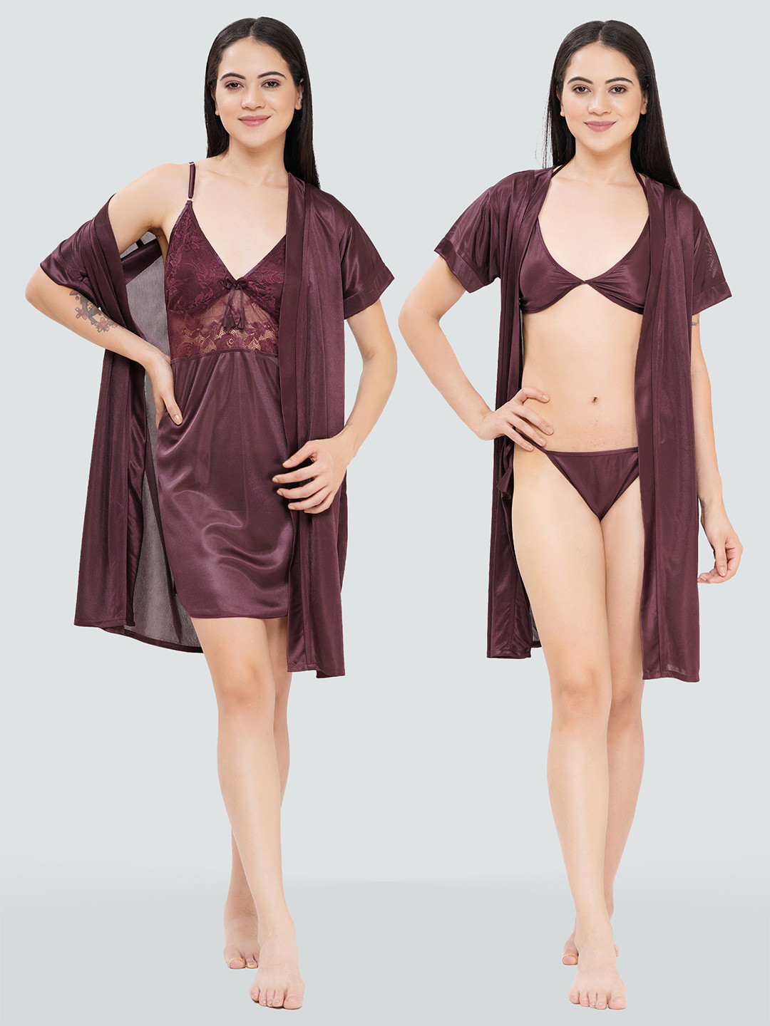 RomaisaSatin Shoulder Straps Sweat Nightdress with Robe and Bra with Thong