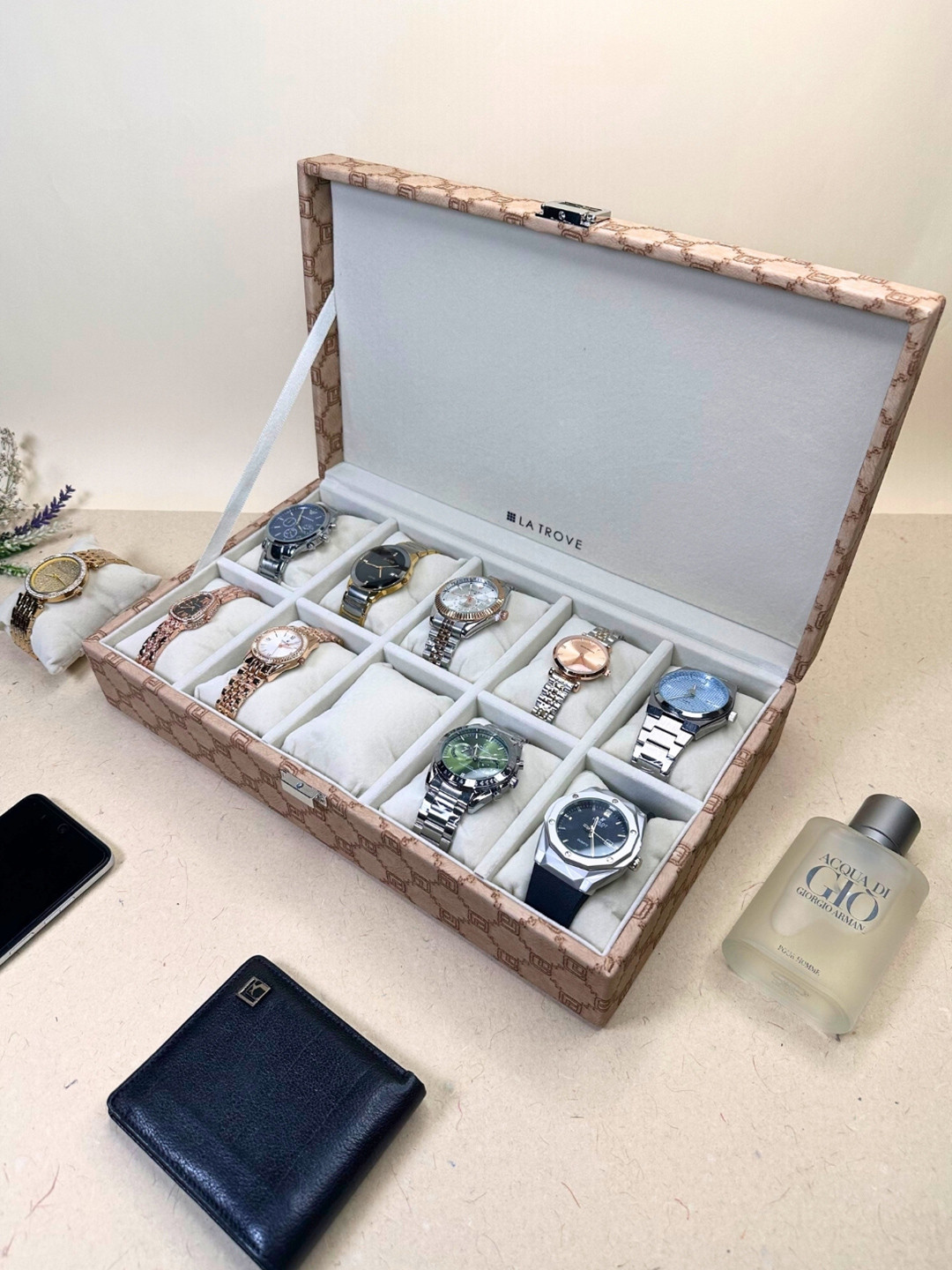 La Trove 10 Slot Champagne Leather Wrist Watch Organiser Closet Box