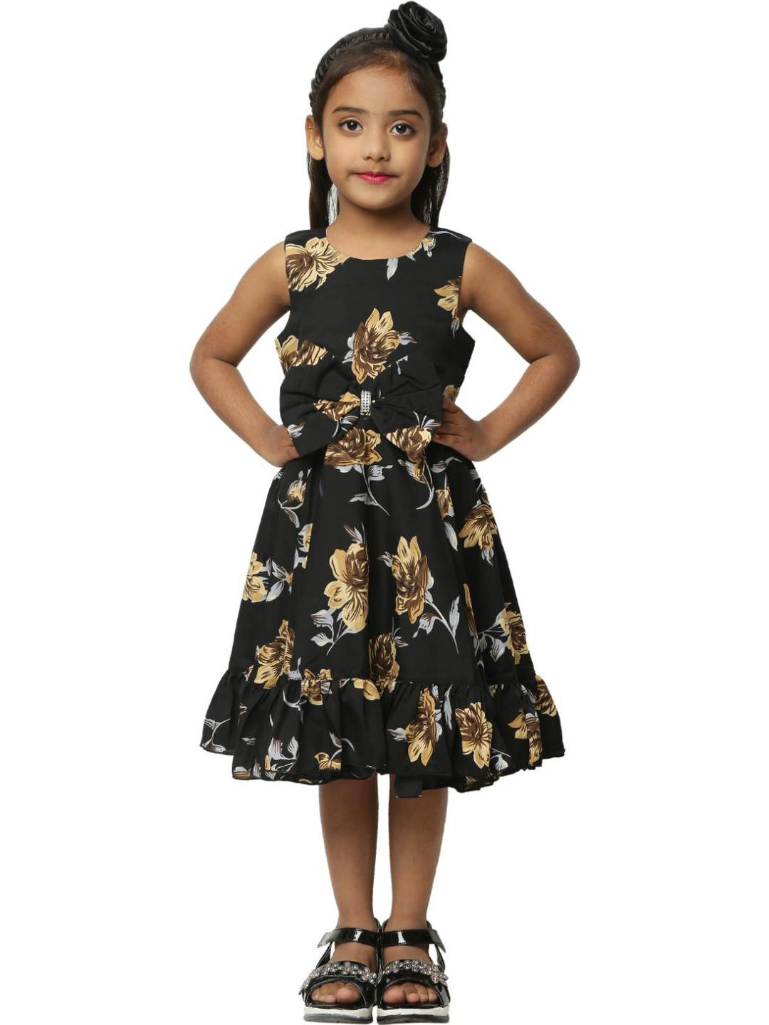 Shahina Fashion Girls Floral Printed Bow Detail High-Low Hem Fit and Flare Dresses
