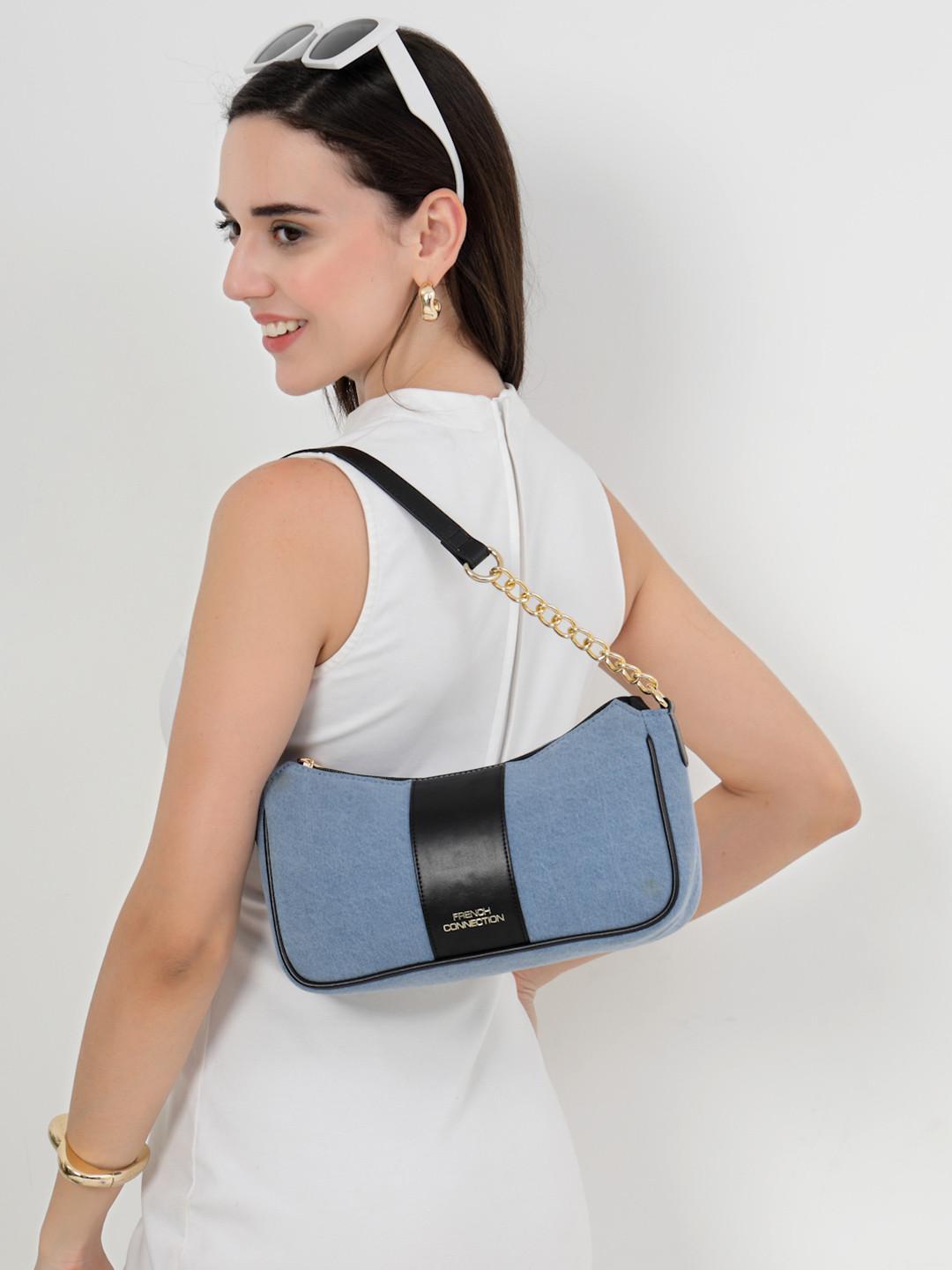 French Connection Women Denim Baguette Shoulder Bag