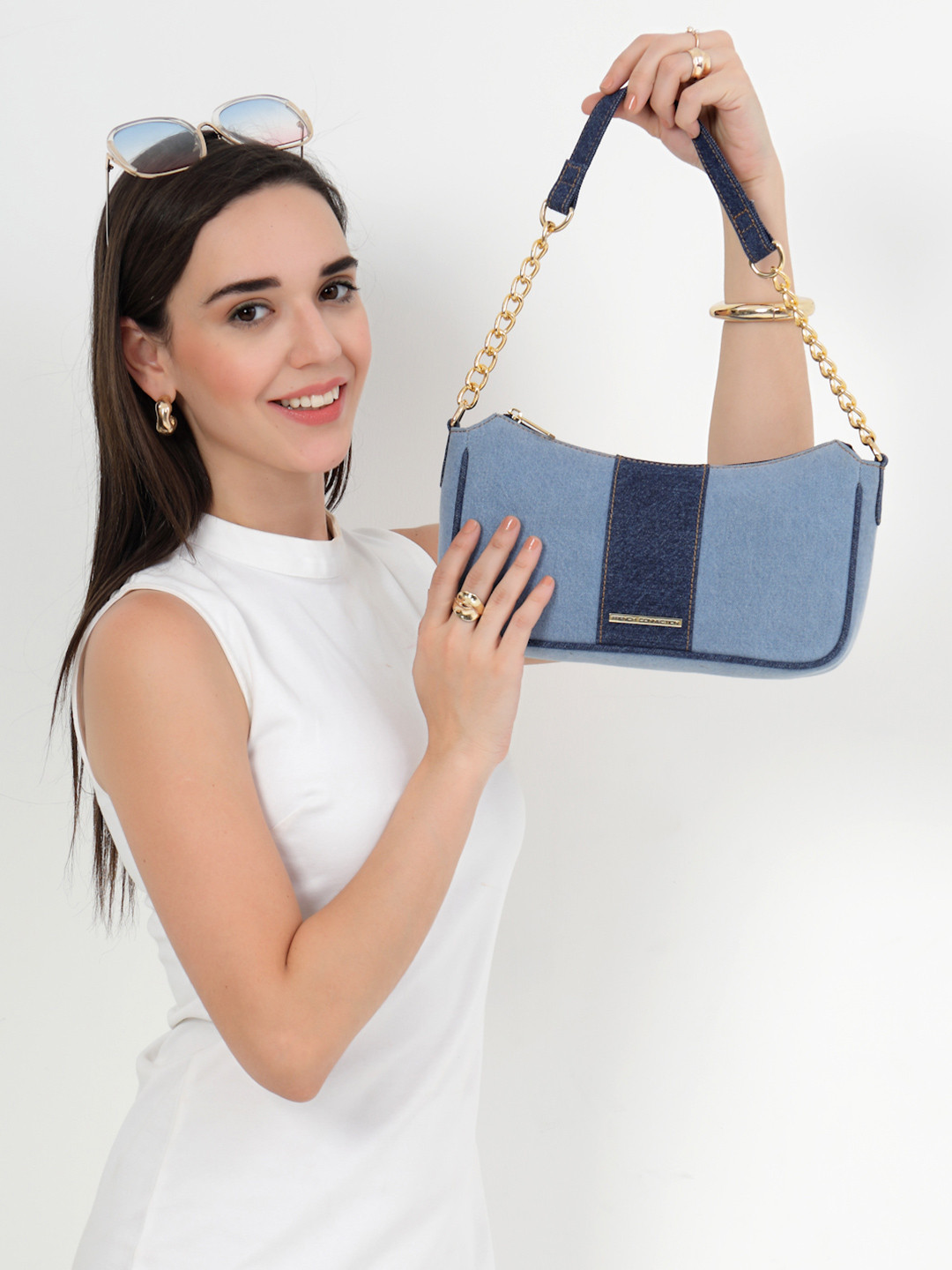French Connection Women Solid Baguette Denim Shoulder Bag