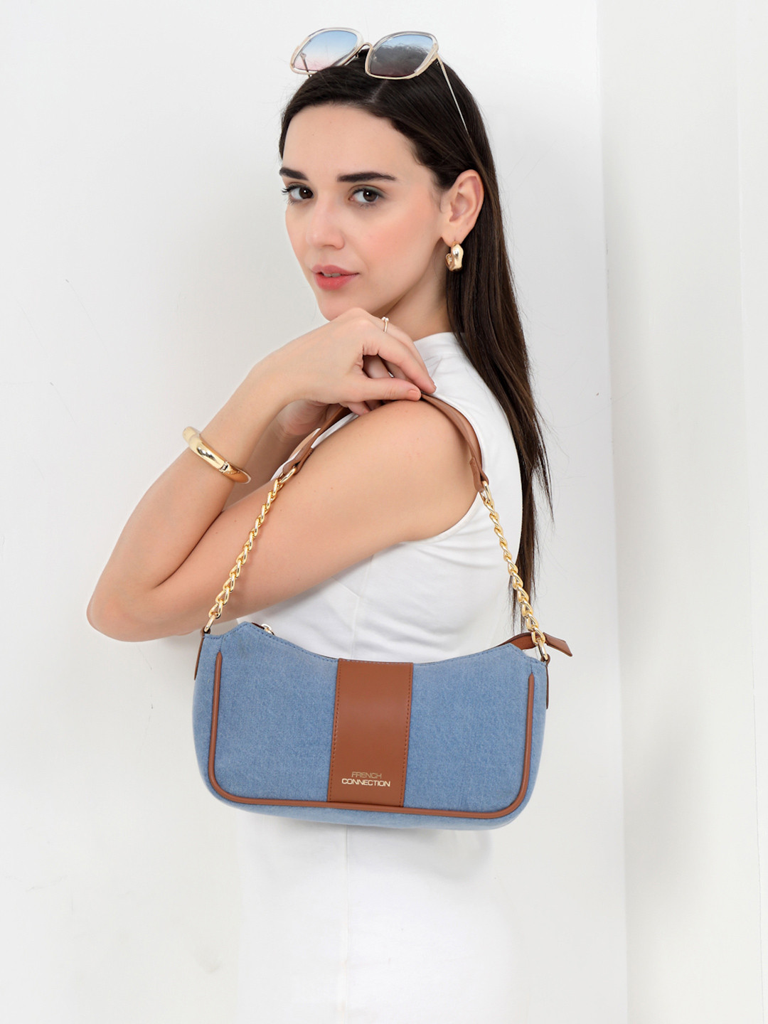 French Connection Women Denim Baguette Shoulder Bag