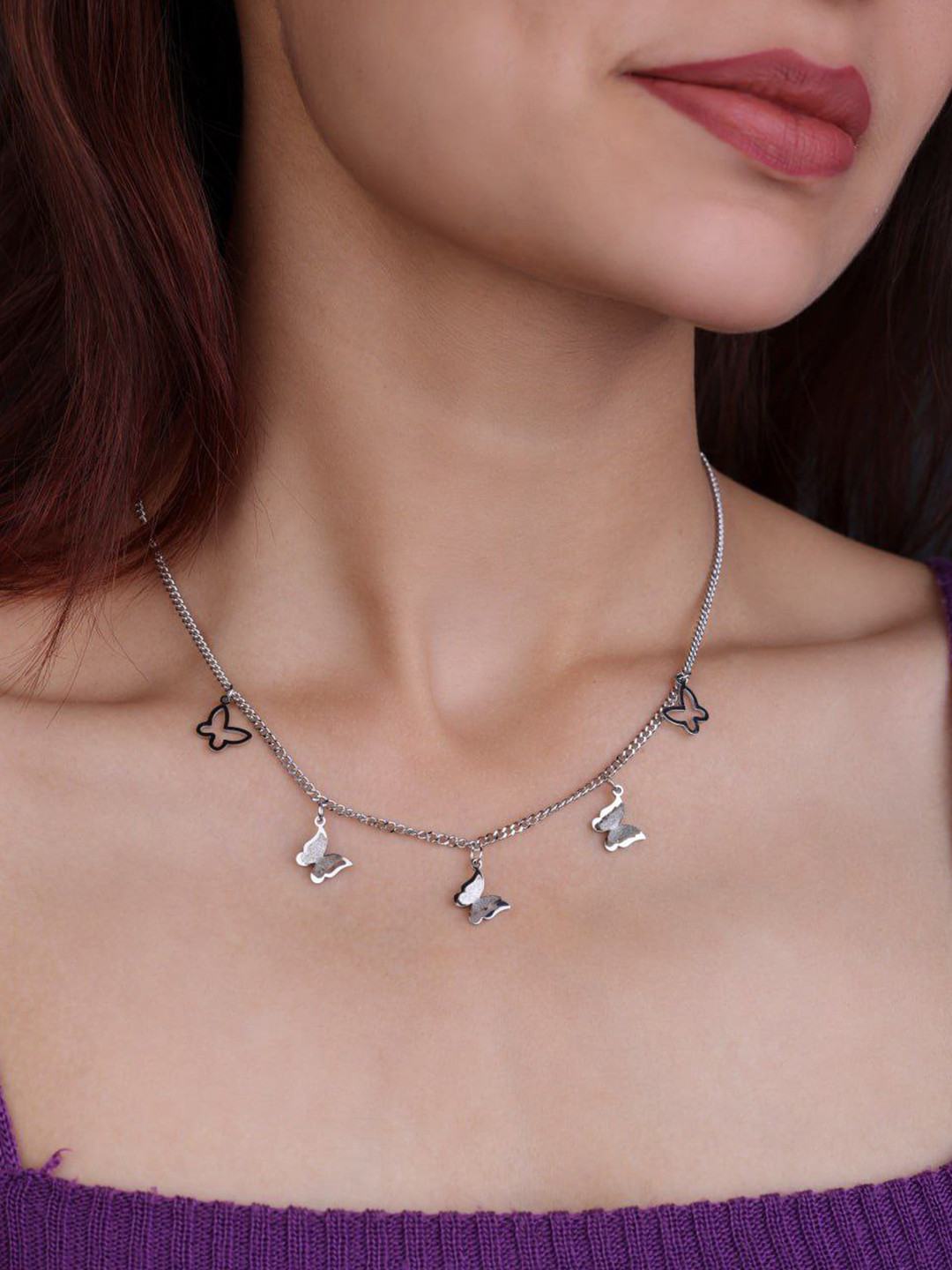 JKL Jewelry Women Silver-Plated Butterfly Anti Tarnish Necklace