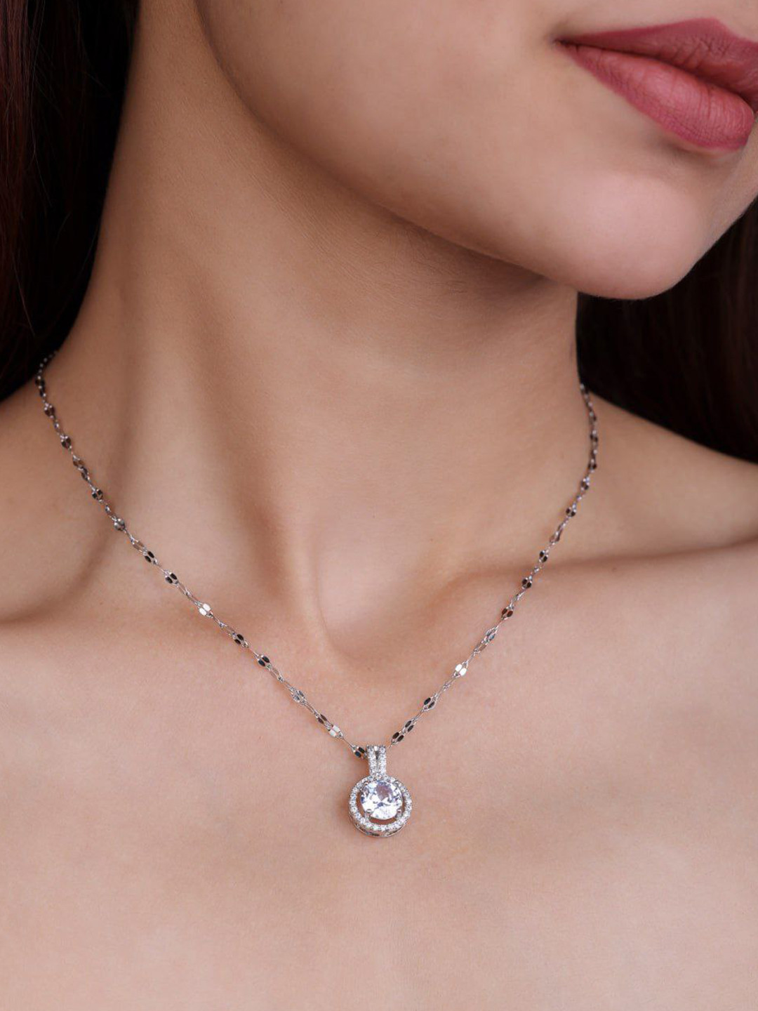 JKL Jewelry Silver-Plated Stainless Steel Chain With AD Stone Pendant