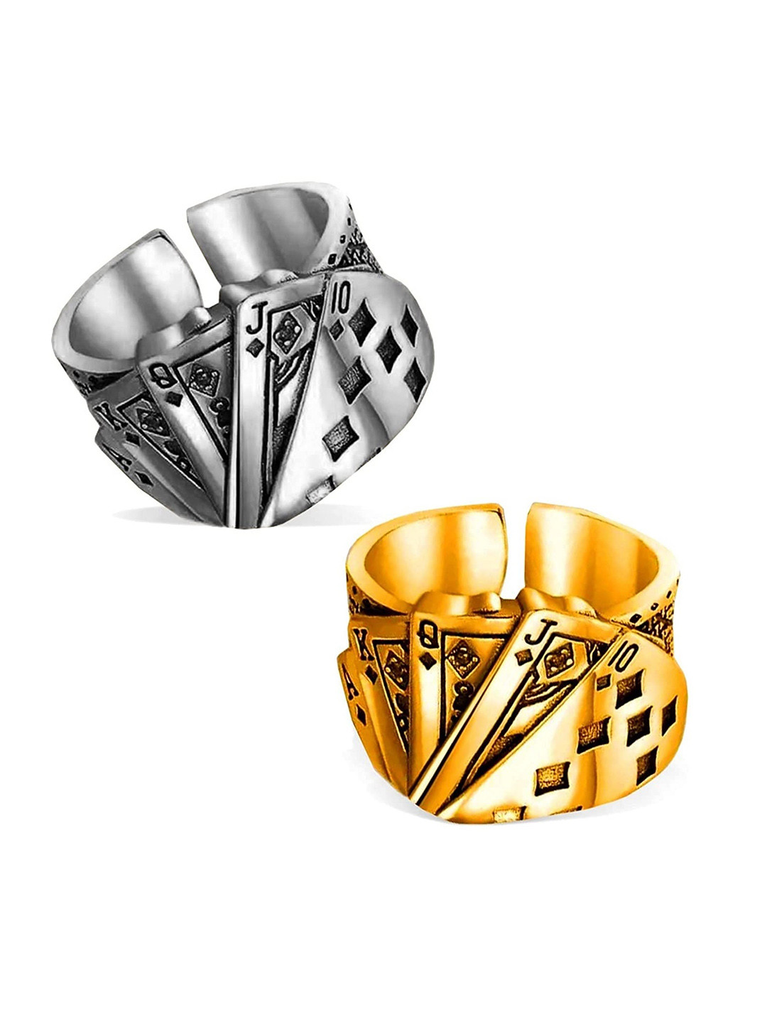 VS Unique Collection Silver & Golden Playing Cards Adjustable Finger Ring - Pack Of 2