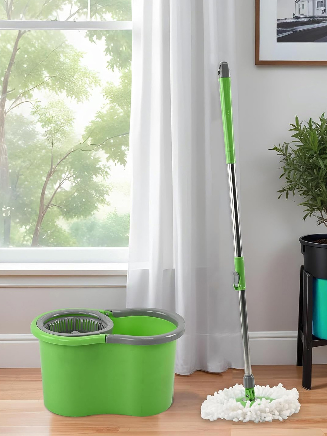 RUBOXA Green Plastic Spin Mopping Bucket for Cleaning Floor with 2 Refills