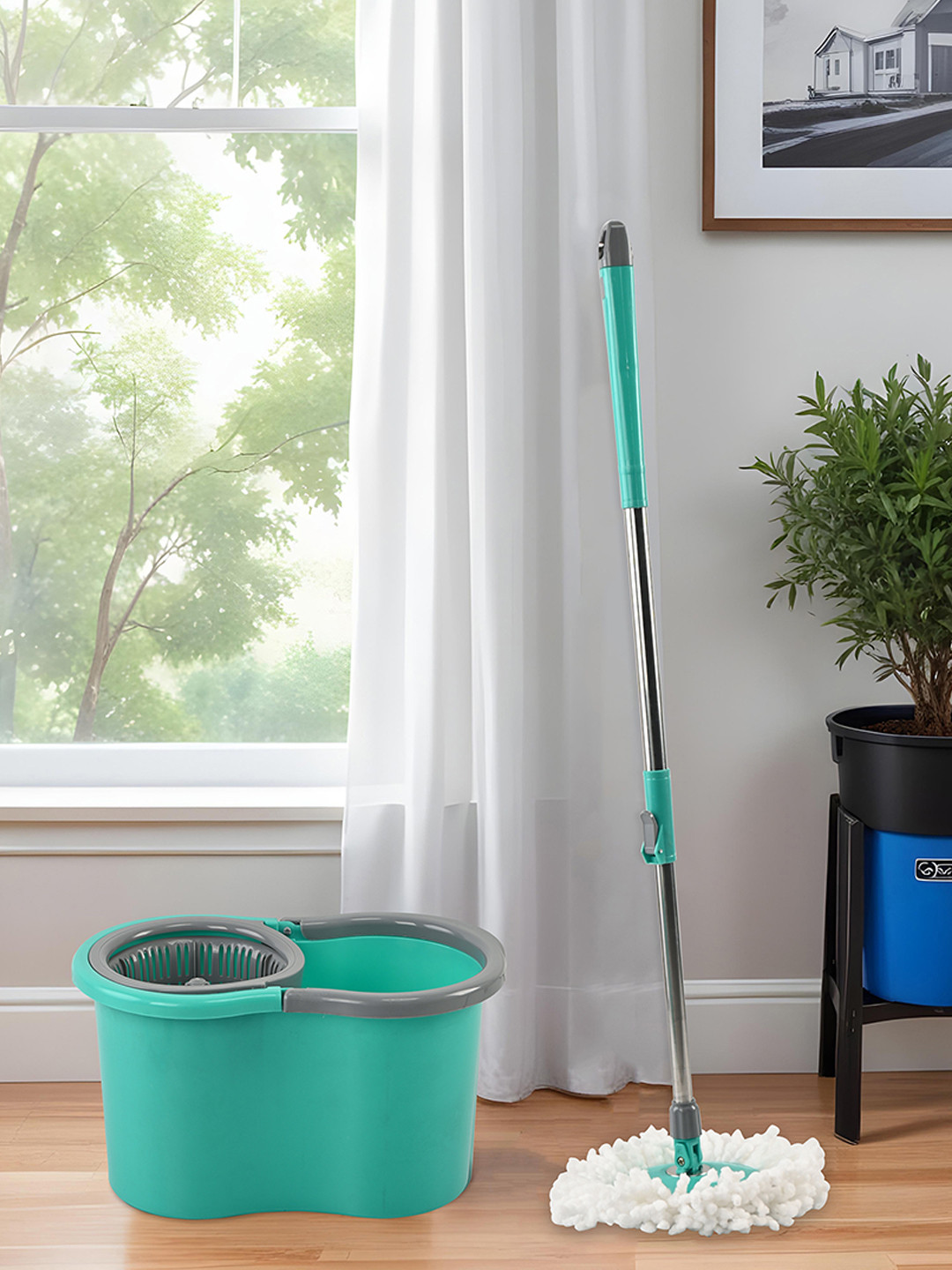 RUBOXA Green Spin Mopping Bucket Extendable Handle with 2 Refills Bath Accessories Set