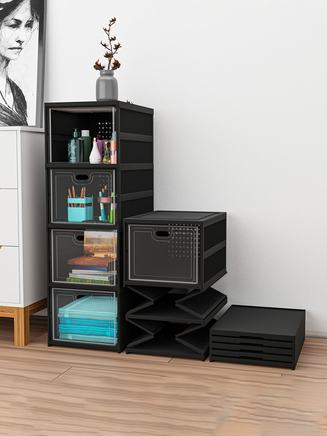 RUBOXA Black & Transparent 4-Tier Collapsible Space Saving Drawer Organiser