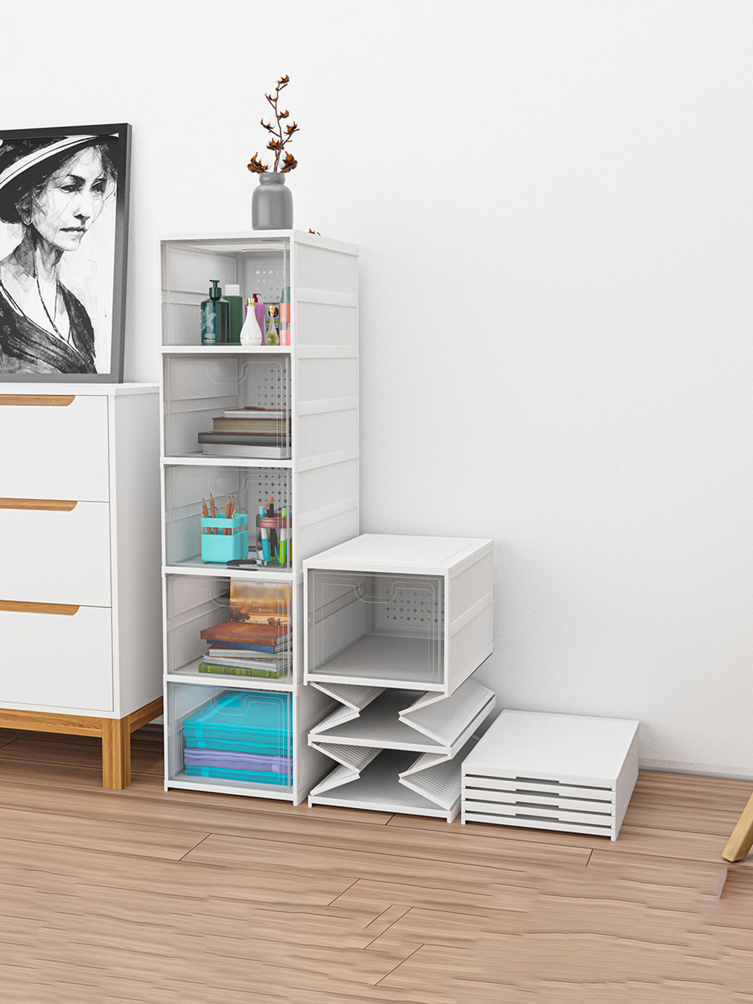 RUBOXA White & Transparent 5-Tier Collapsible Space Drawer Organiser