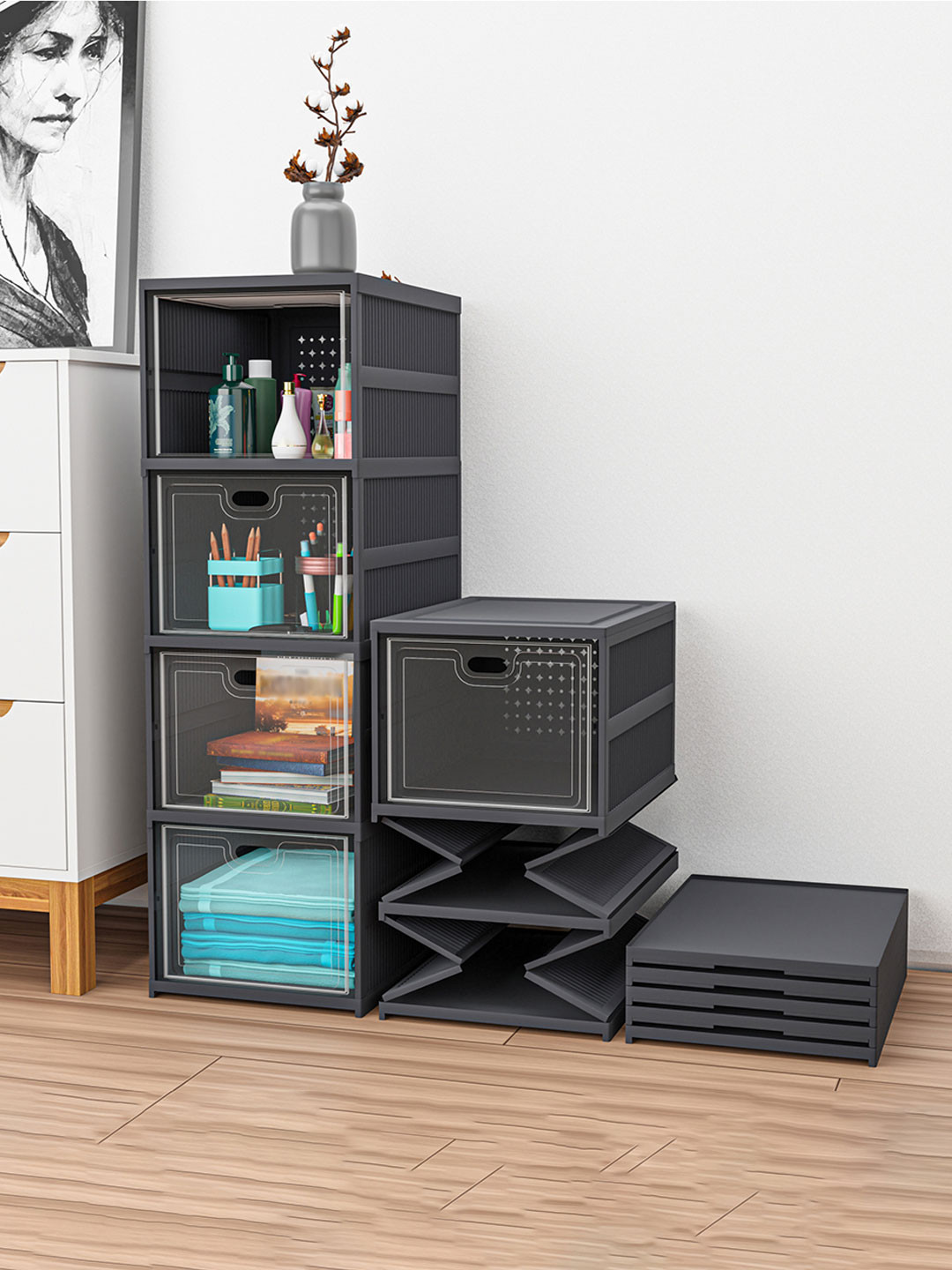 RUBOXA Grey & Transparent 4-Tier Collapsible Space Drawer Organiser