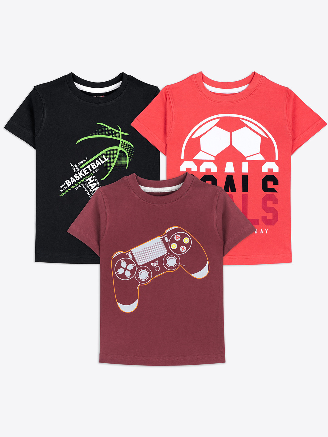 ariel Boys Pack of 3 Graphic Printed Round Neck Pure Cotton T-shirts