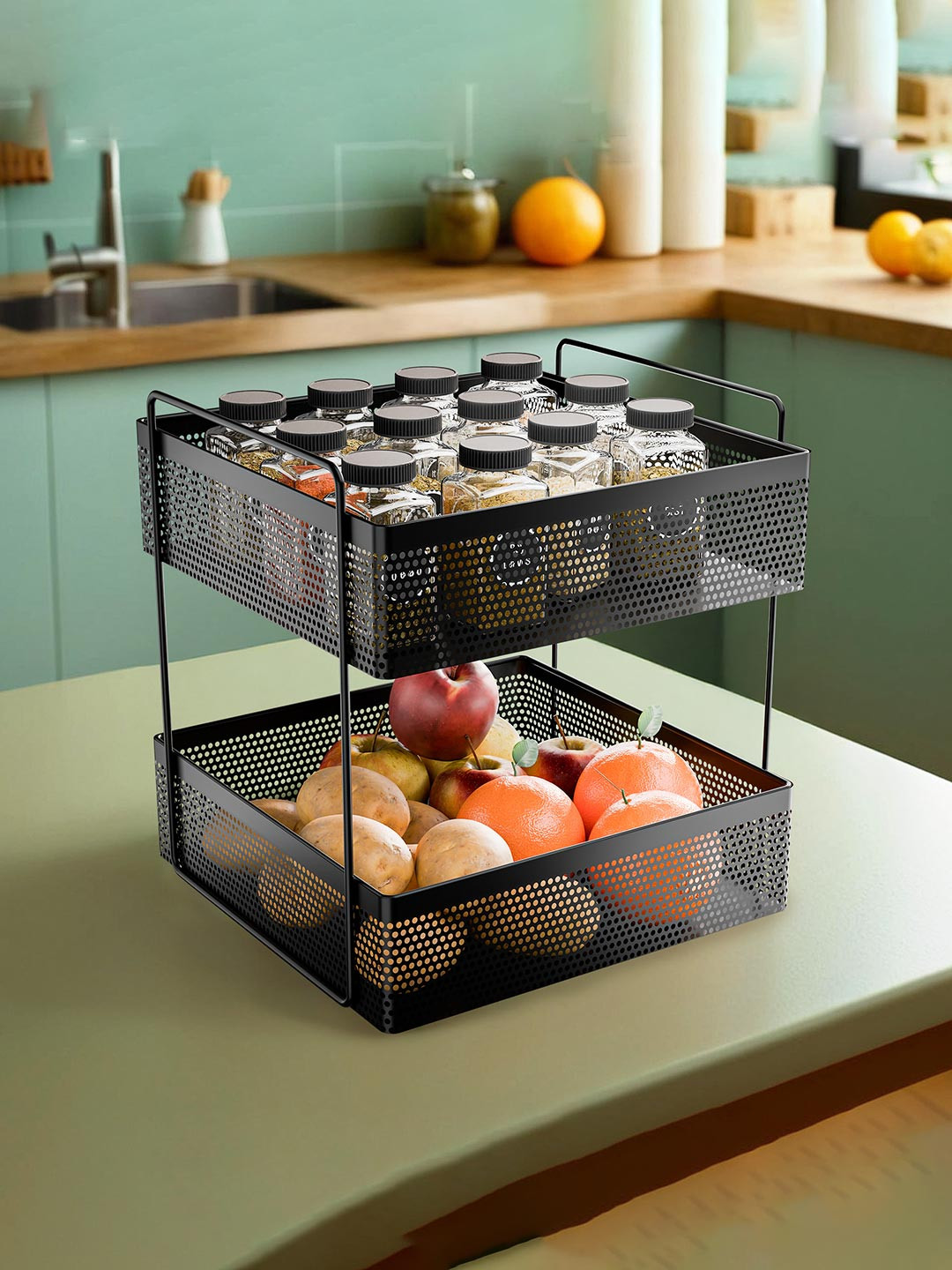 RUBOXA Black Metal 2-Tier Square Kitchen Rack Stand Organiser Fruit Basket