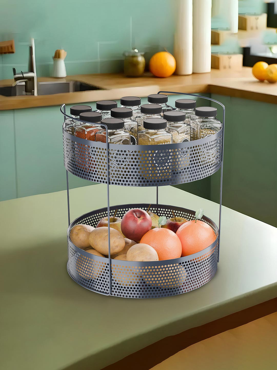 RUBOXA Grey Metal 2-Tier Round Kitchen Rack Stand Fruit Basket Multi-Utility Organisers