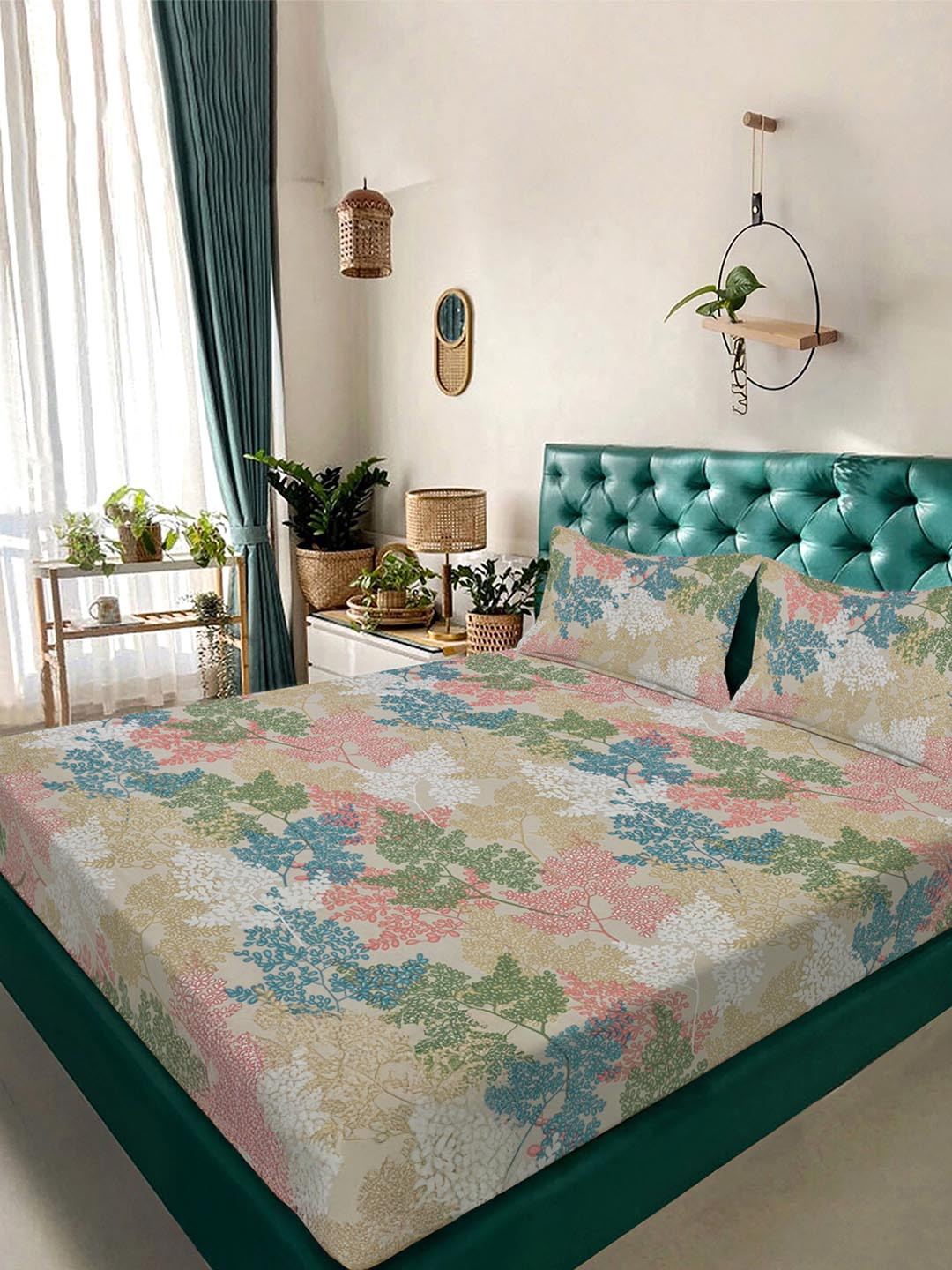 KLOTTHE Multi Color Floral Printed Fitted 300 TC King Double Bedsheet With 2 Pillow Covers