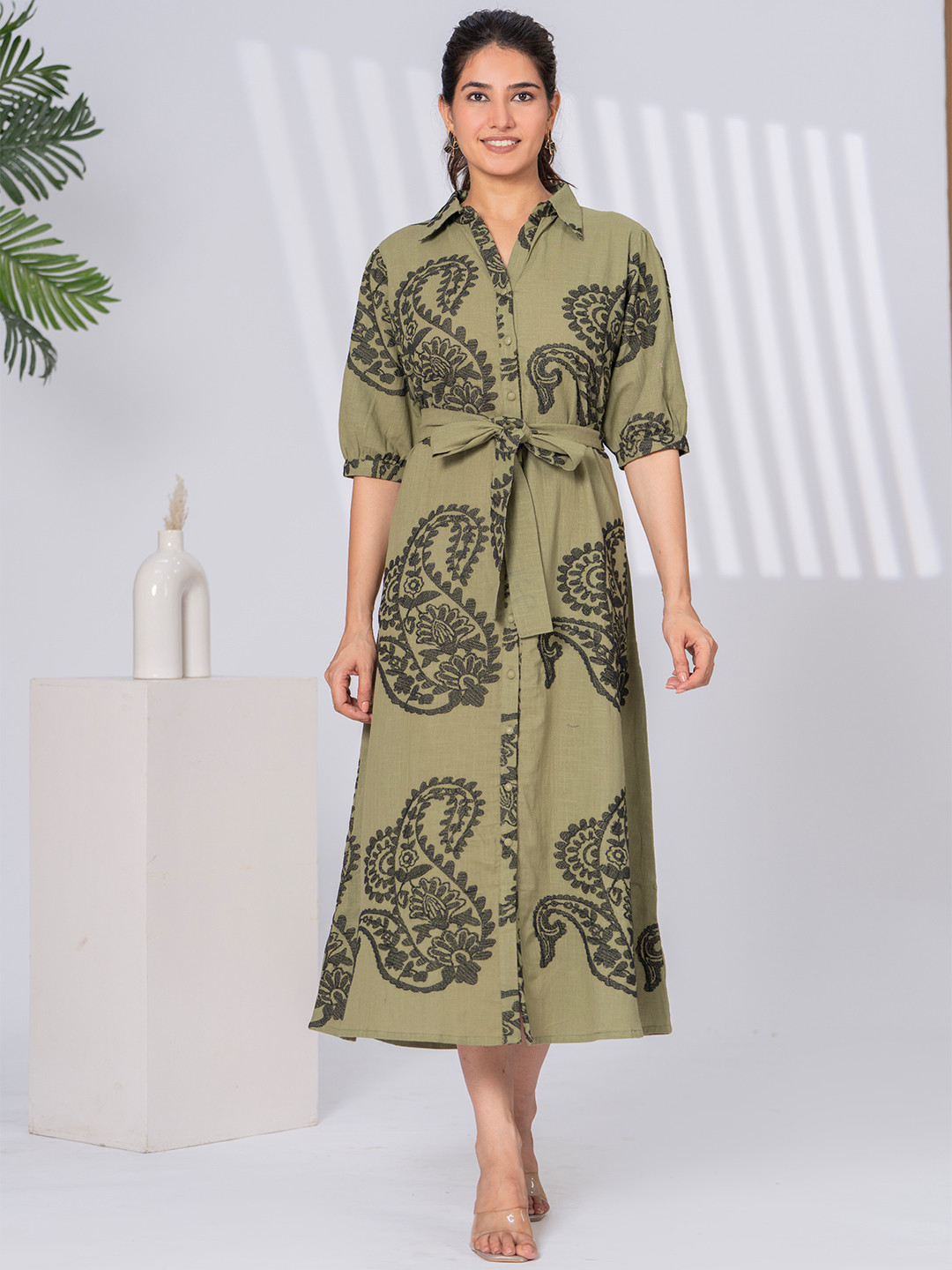 Sencei Women Paisley Embroidered Puff Sleeve Cotton Shirt Style Midi Dress