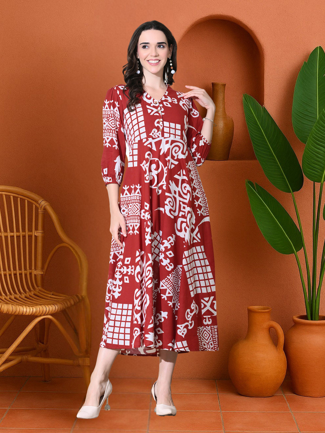 Sangria Ethnic Motifs Printed Cotton V-Neck Fit & Flare Midi Dress