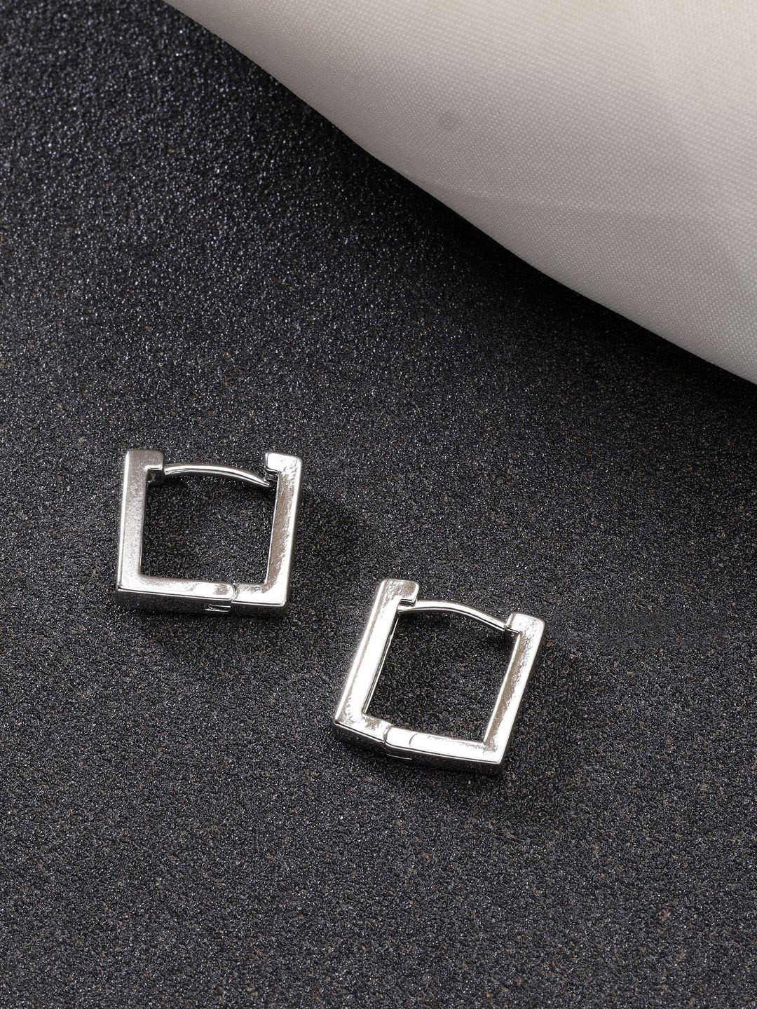 DressBerry Men Stainless Steel Silver-Plated Square Hoop Earrings
