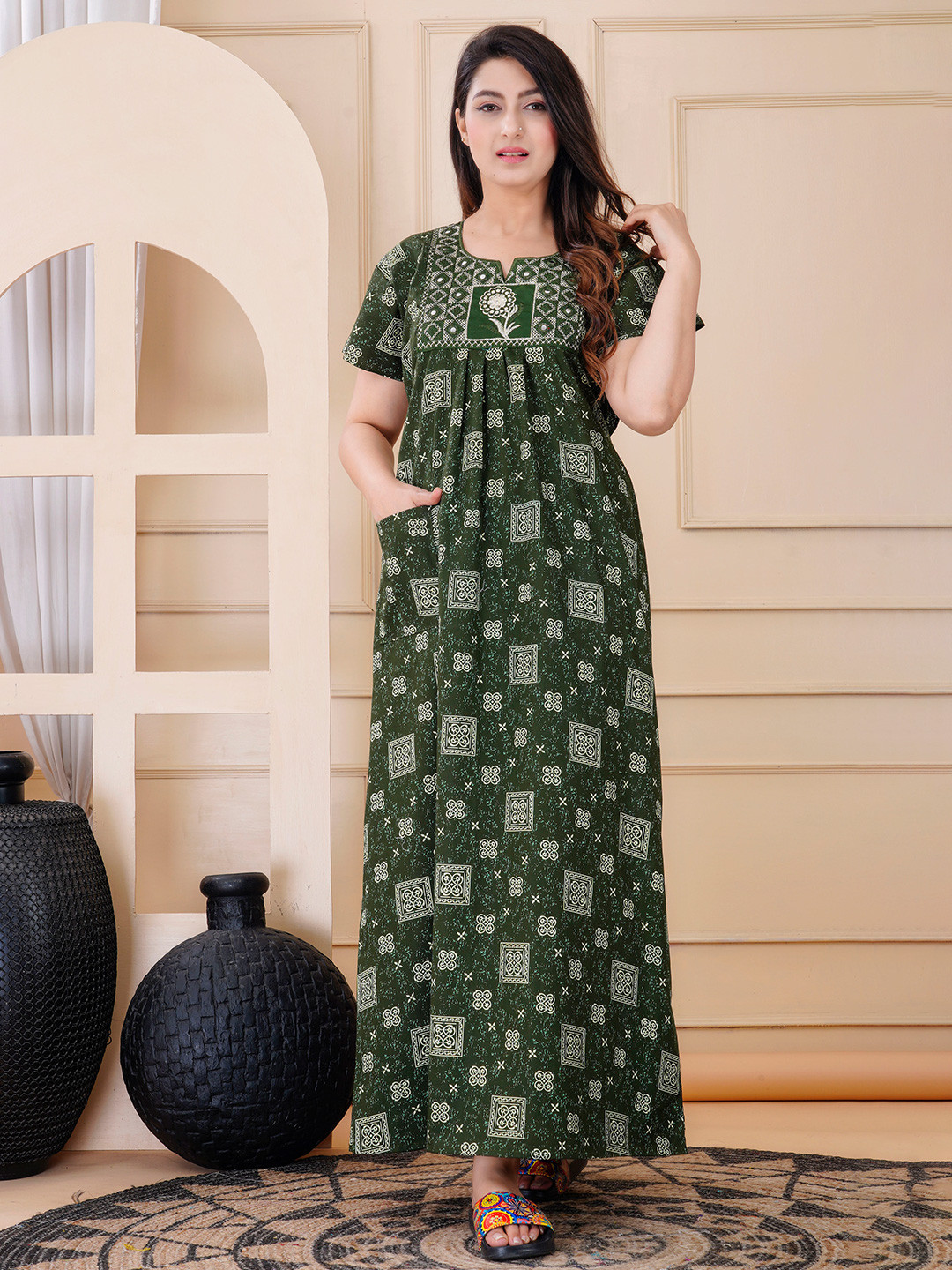 Serenita Women Printed Round Neck Pure Cotton Maxi Nightdress