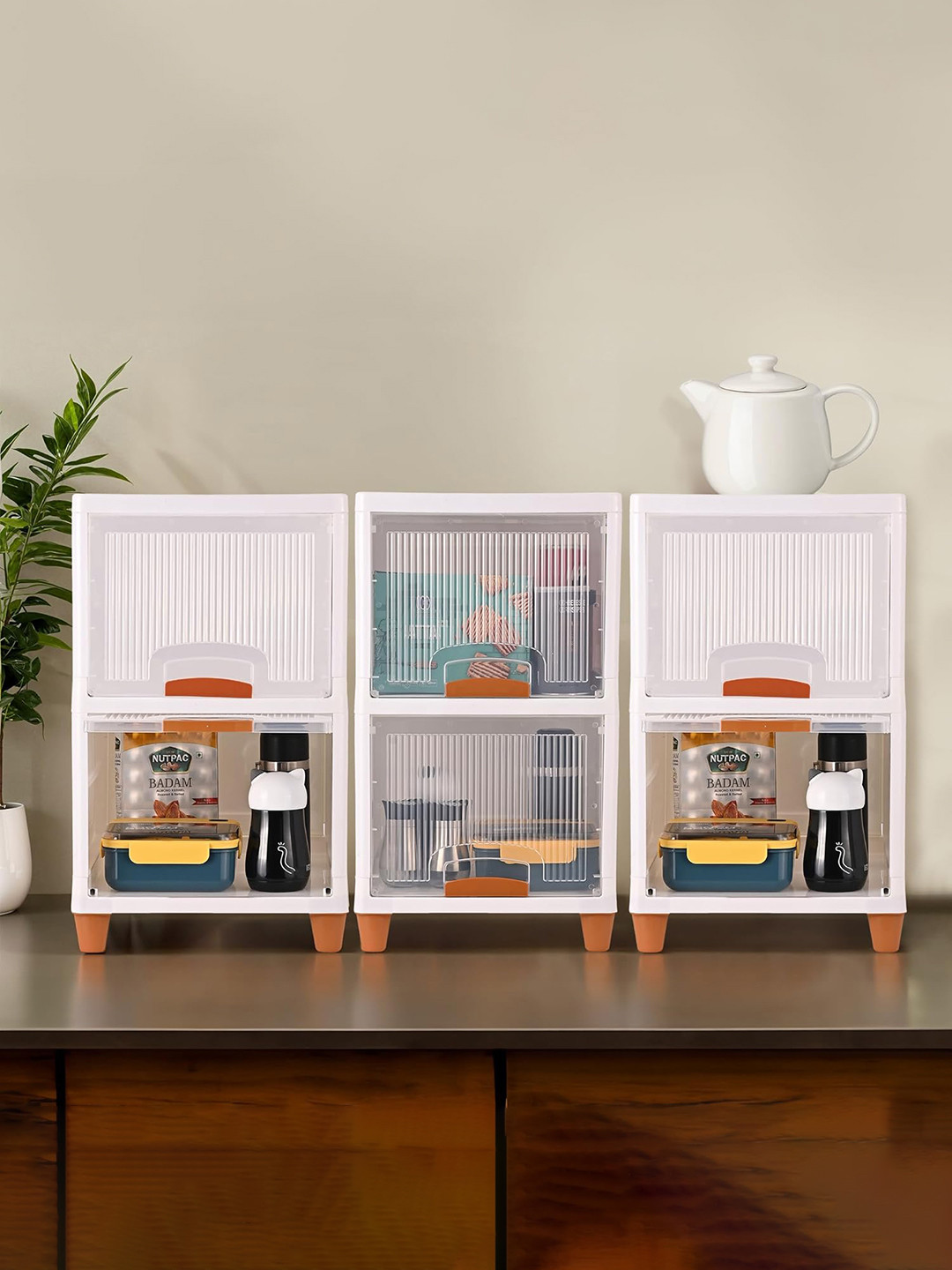 RUBOXA Transparent & Brown 6 Piecess Foldable Modular Cabinet Storage Organizer