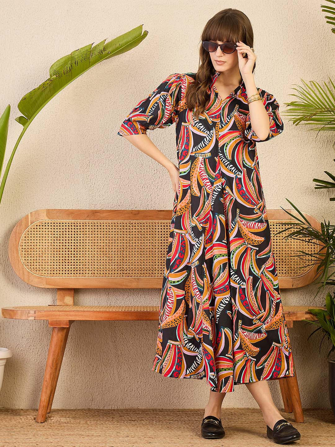 Uptownie Front Pleated Cotton Midi Dress