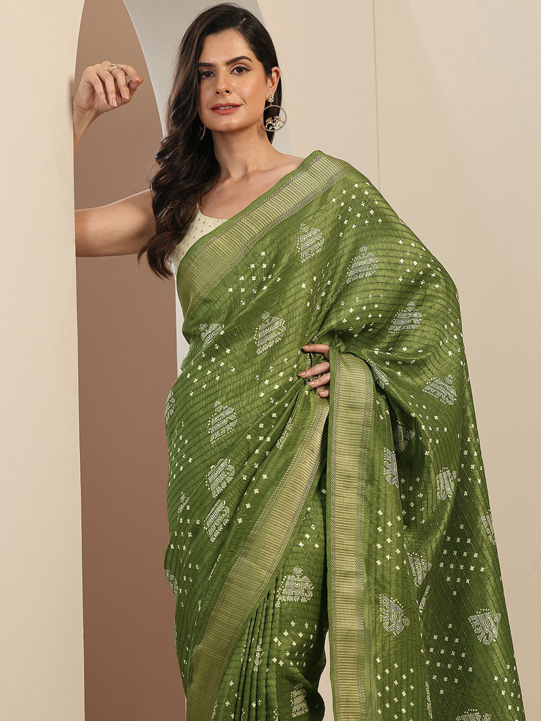 Libas Green Printed Saree With Unstitched Blouse Piece