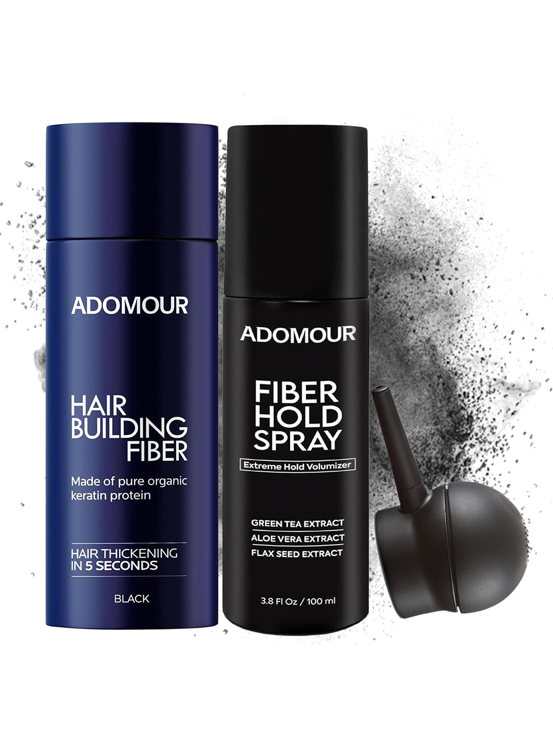 ADOMOUR Set Of 3 Hair Kit Hair Building Fiber Hold Spray & Applicator Pump- Black- 27.5g