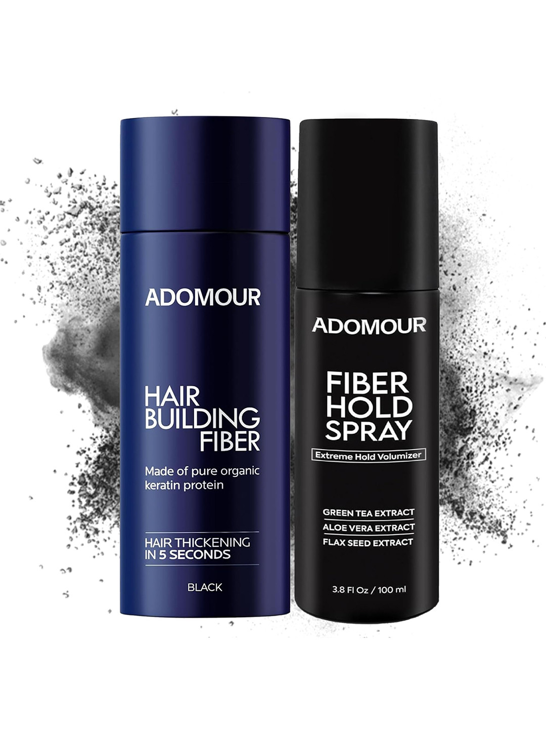 ADOMOUR Set Of 2 Hair Building Fiber - 27.5 g & Fiber hold Spray - 100 ml - Black